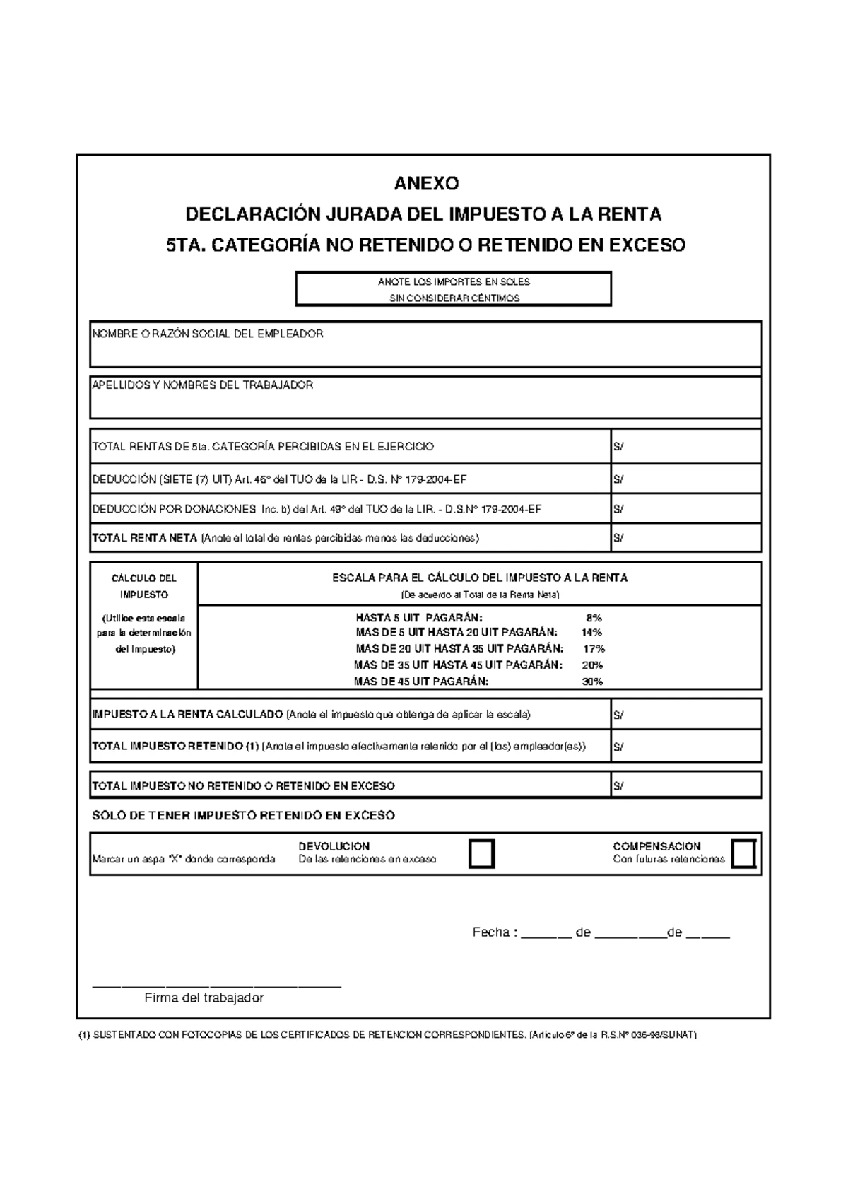 Formulario de Declaración Jurada de No Pago de Impuesto a la Renta ...