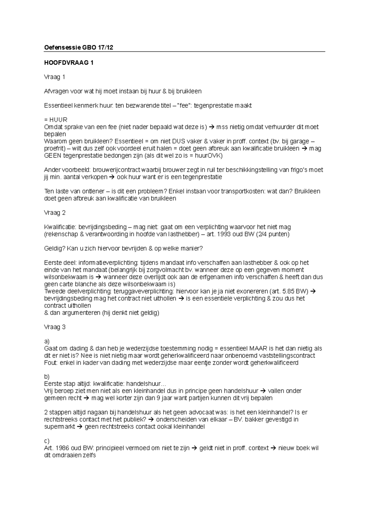Oefensessie GBO: Hoofdvraag en Kwalificaties in Huurrecht - Studocu