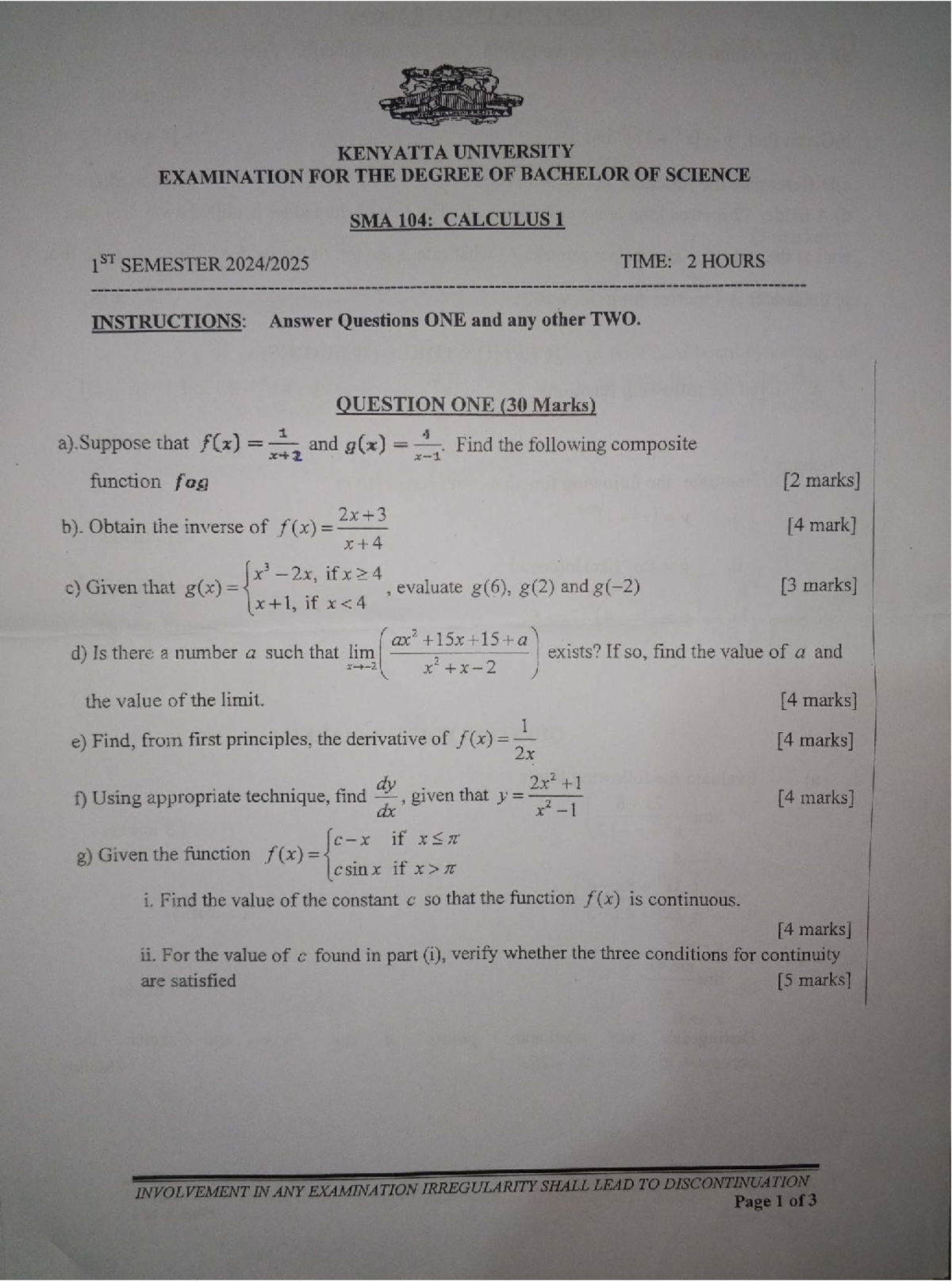 SMA 104: Calculus 1 1st Sem Exam Questions and Solutions - Studocu