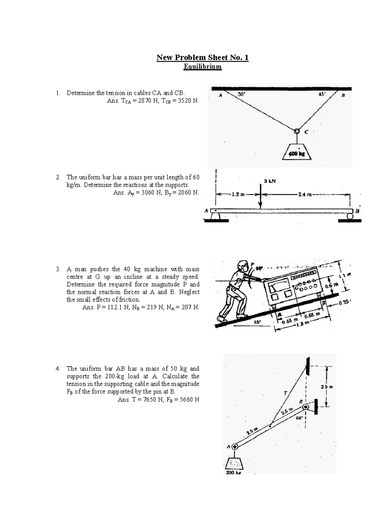 Engineering Mechanics Problem Sheet No. 1: Tension & Forces Analysis ...