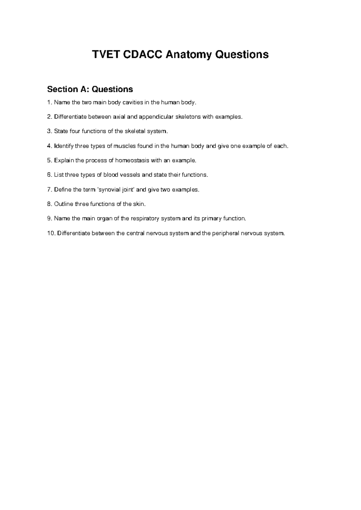 TVET CDACC Anatomy Questions: Section A Overview and Answers - Studocu