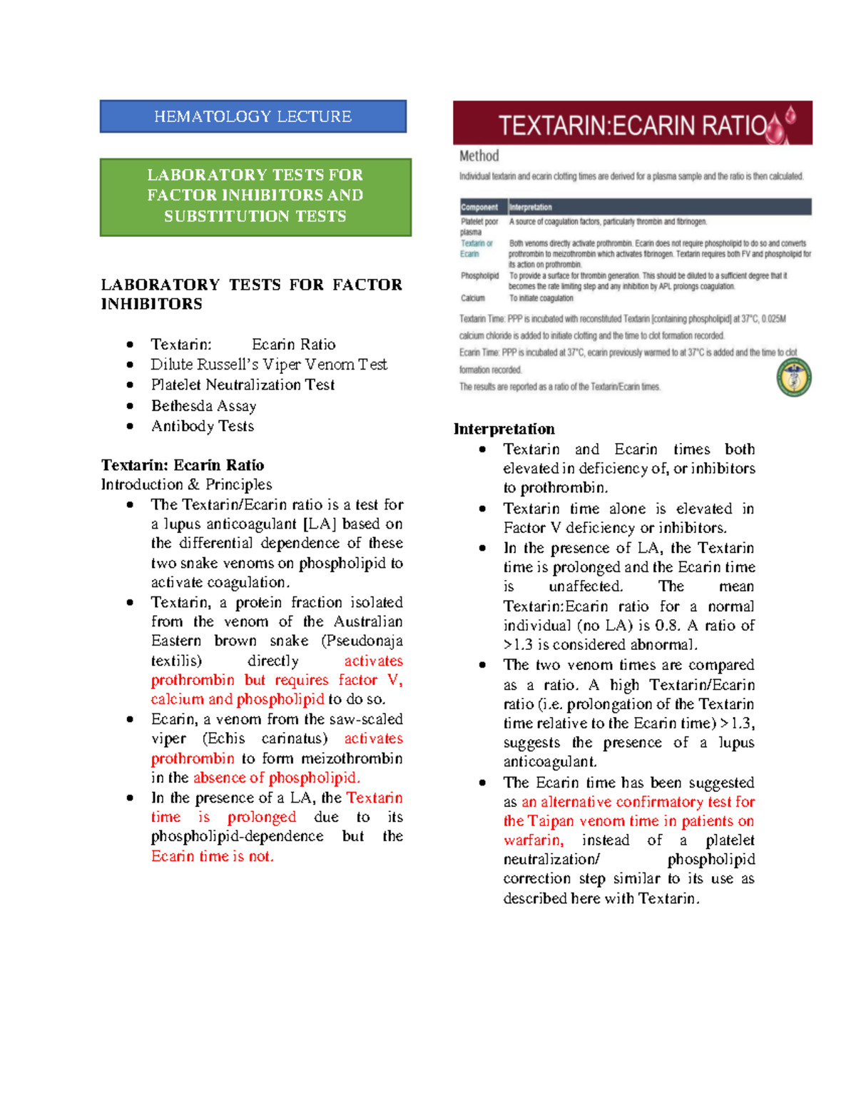 LAB Tests FOR Factor Inhibitors& Substitution Tests - LABORATORY TESTS ...