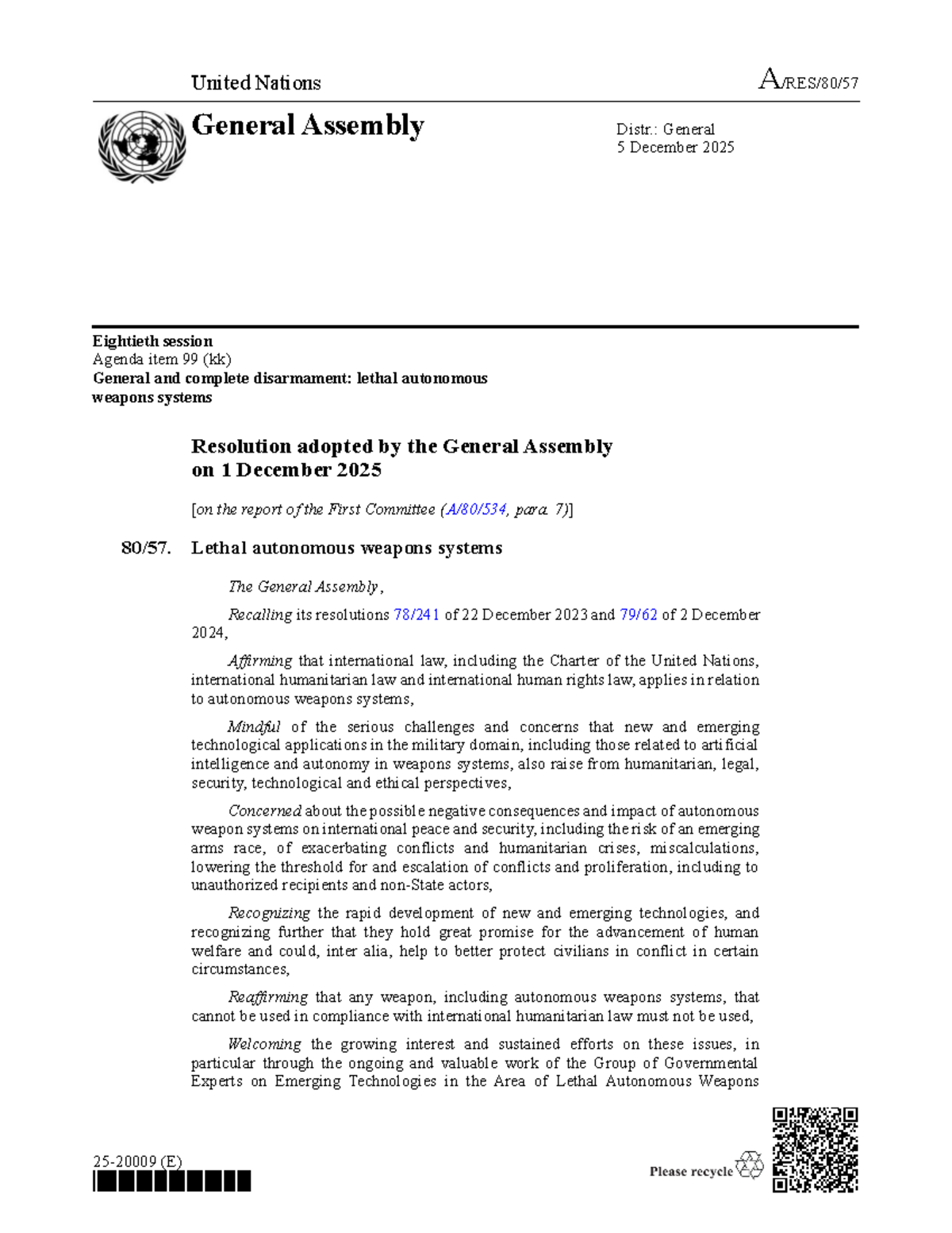 UN General Assembly Resolution on Lethal Autonomous Weapons Systems ...