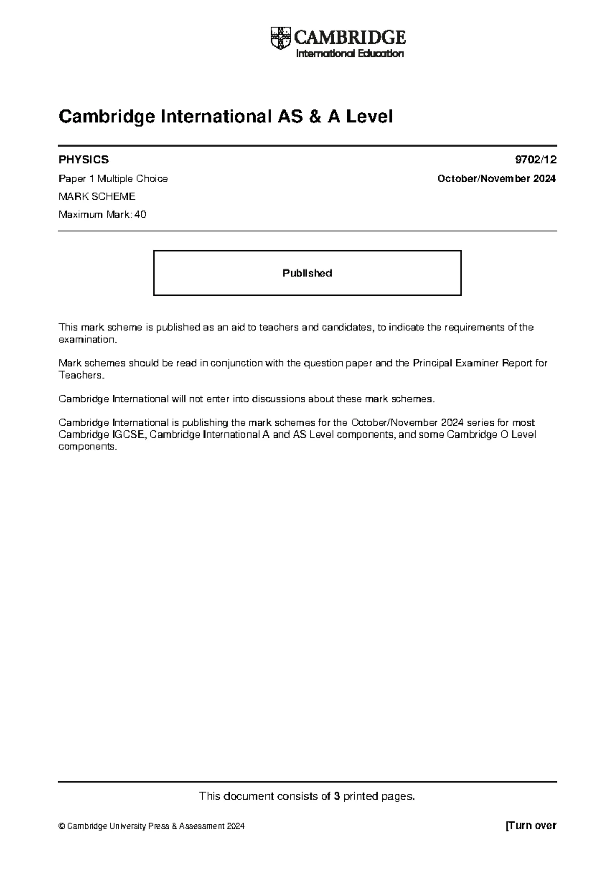 Cambridge International AS A Level Physics 9702 W24 mark scheme - Studocu