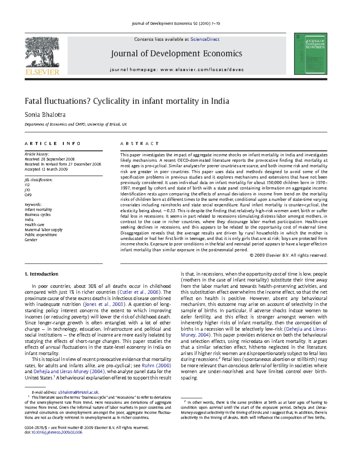Cyclicality of Infant Mortality in India: Insights from Economic Shocks ...