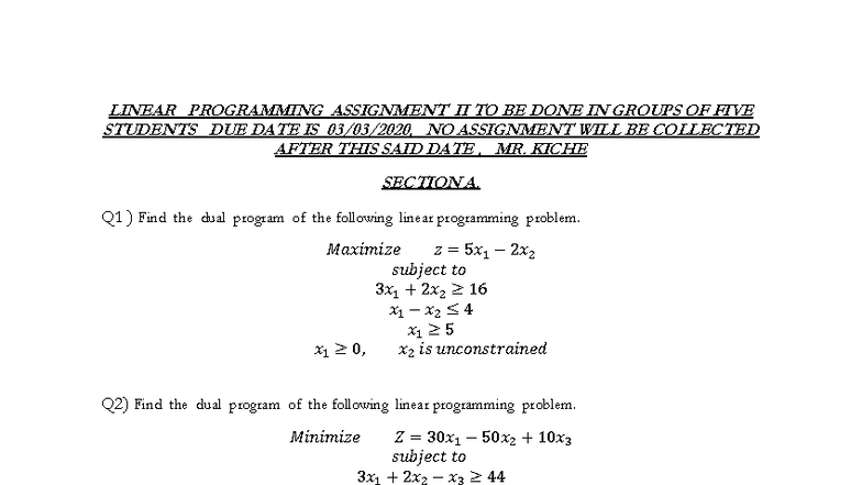 Linear Programming Assignment II (FEB 2020) - Group Work - Studocu