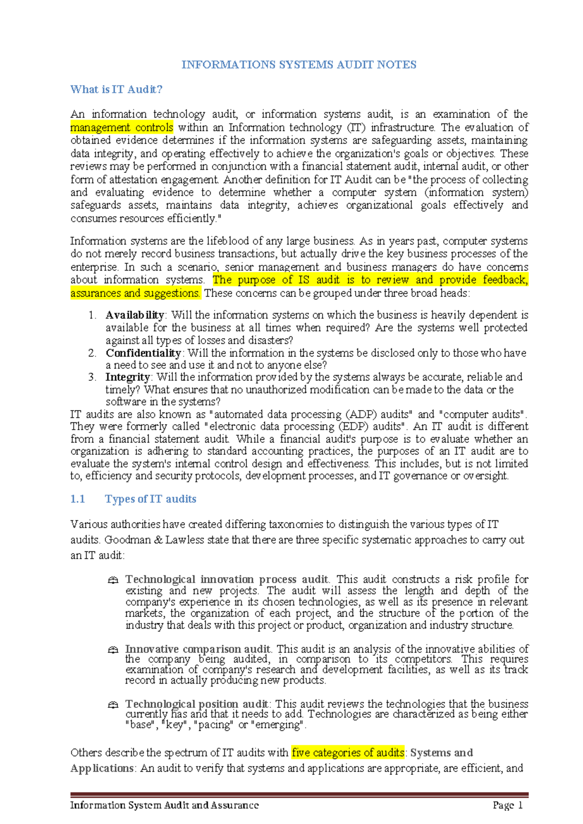 INFO 101: Comprehensive Notes on IT Audit & Assurance Processes - Studocu
