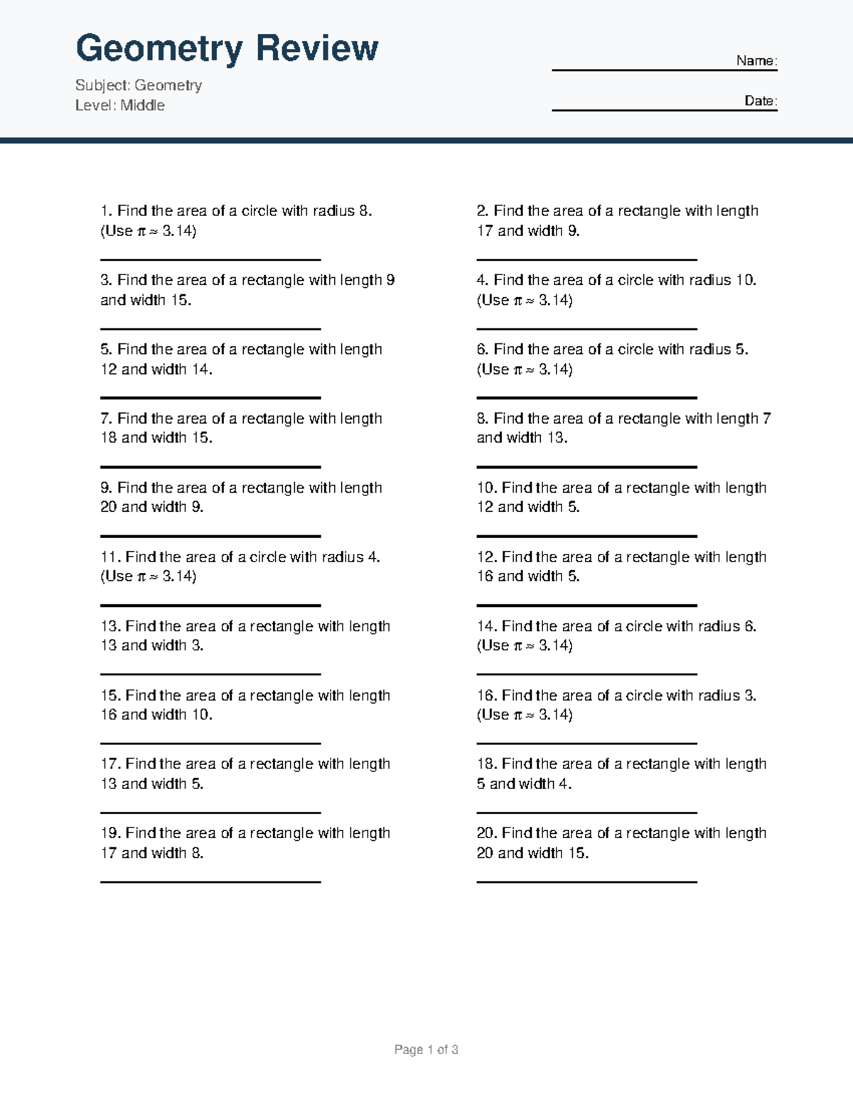 Geometry Review 5 - Middle Level Geometry Practice - Studocu