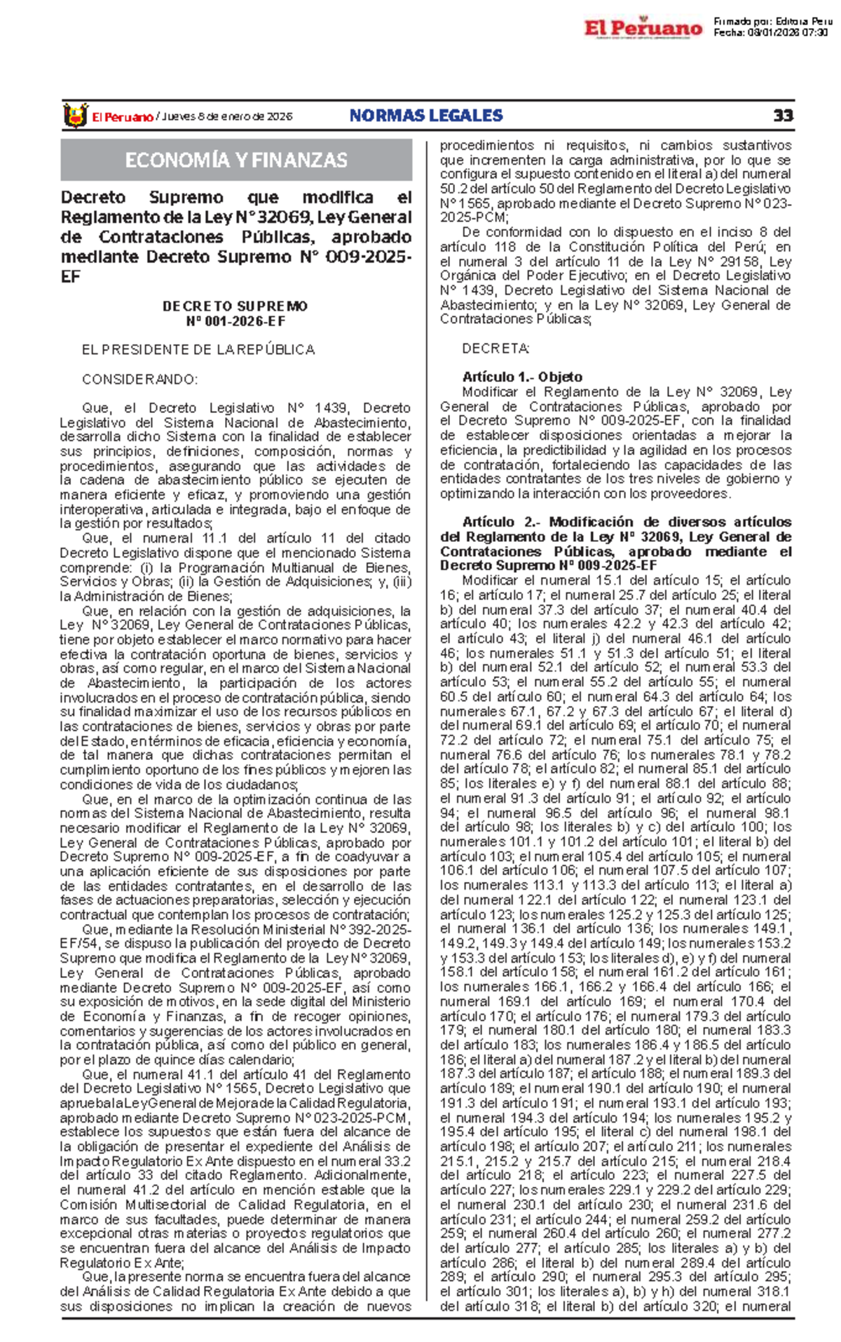 D.S. Nº 001-2026-EF: Modificaciones al Reglamento de la Ley 32069 sobre ...