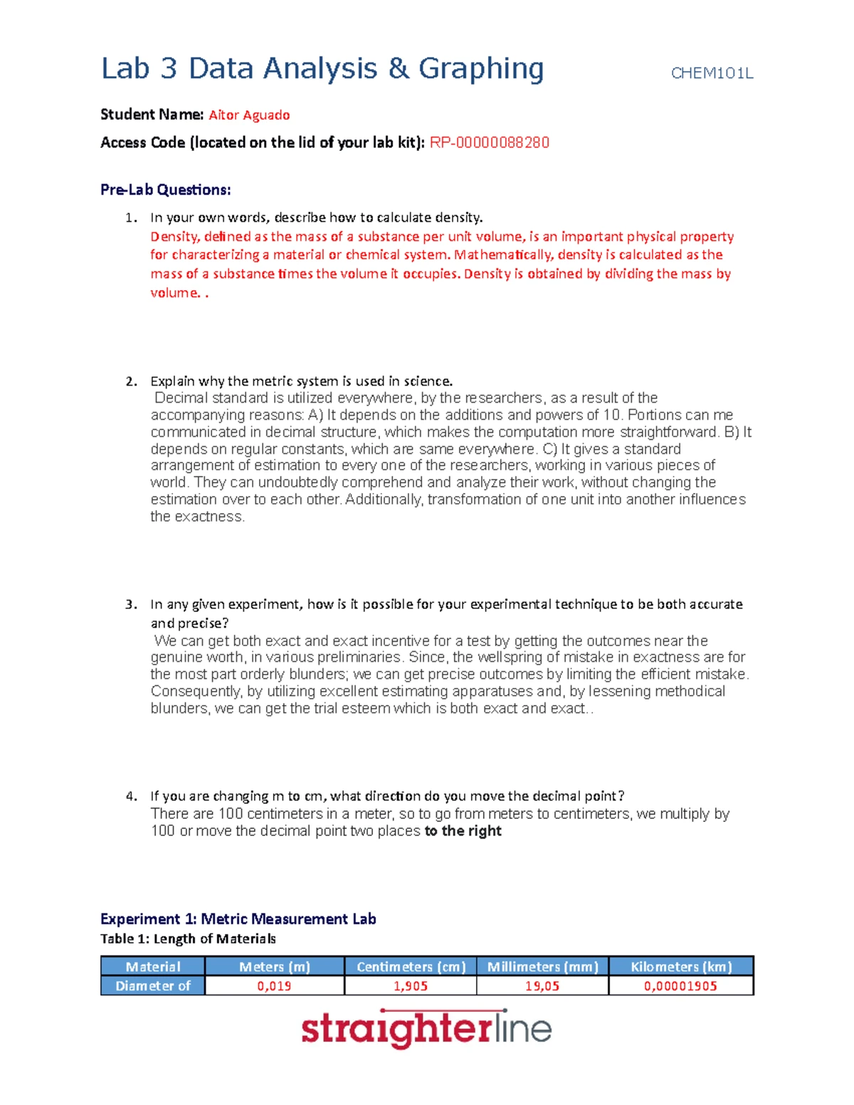 CHEM 101 L Lab assignment 2 - Student Name: Aitor Aguado Access Code ...