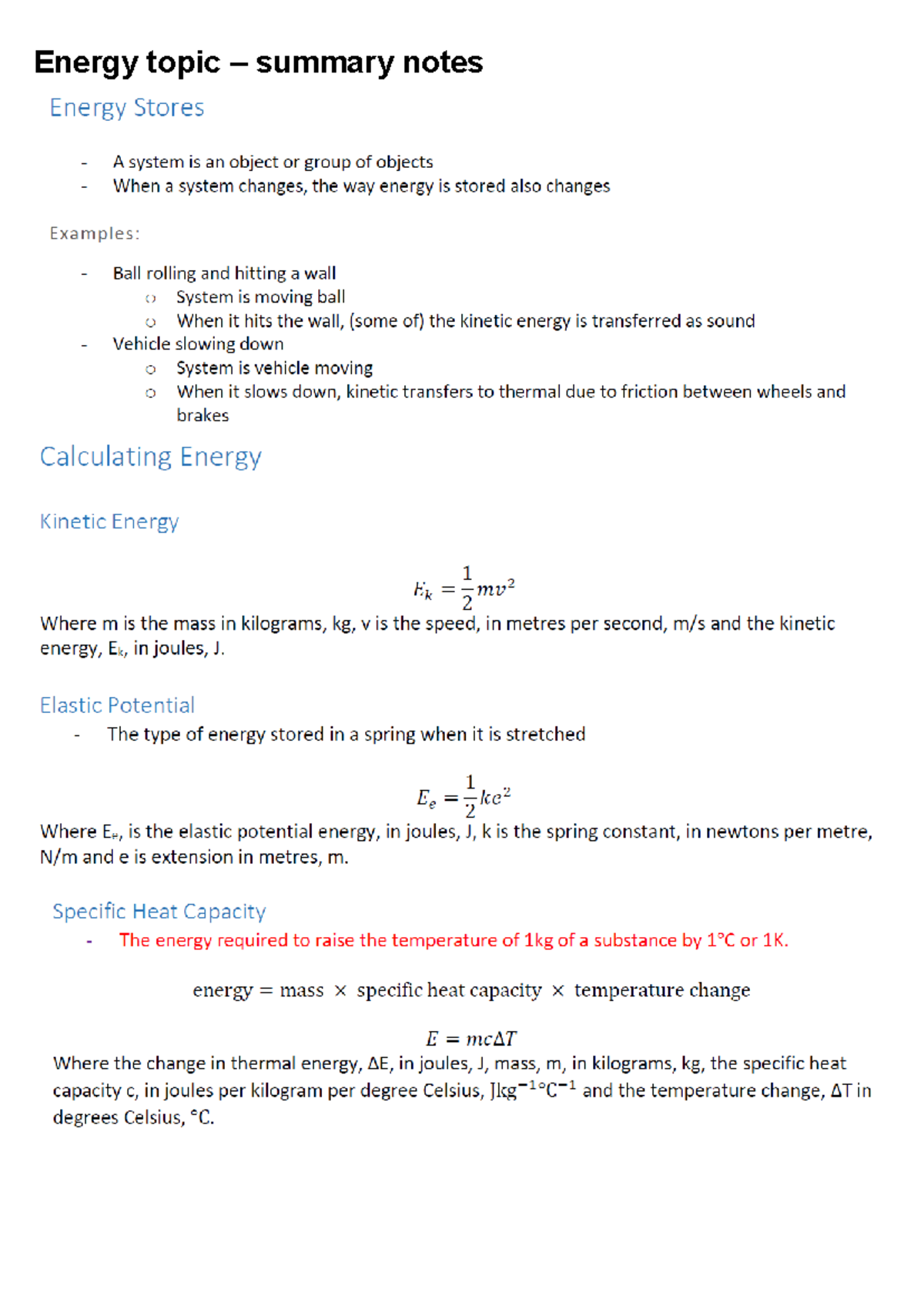 Energy topic - revision notes - Part 2 - Energy topic – summary notes A ...