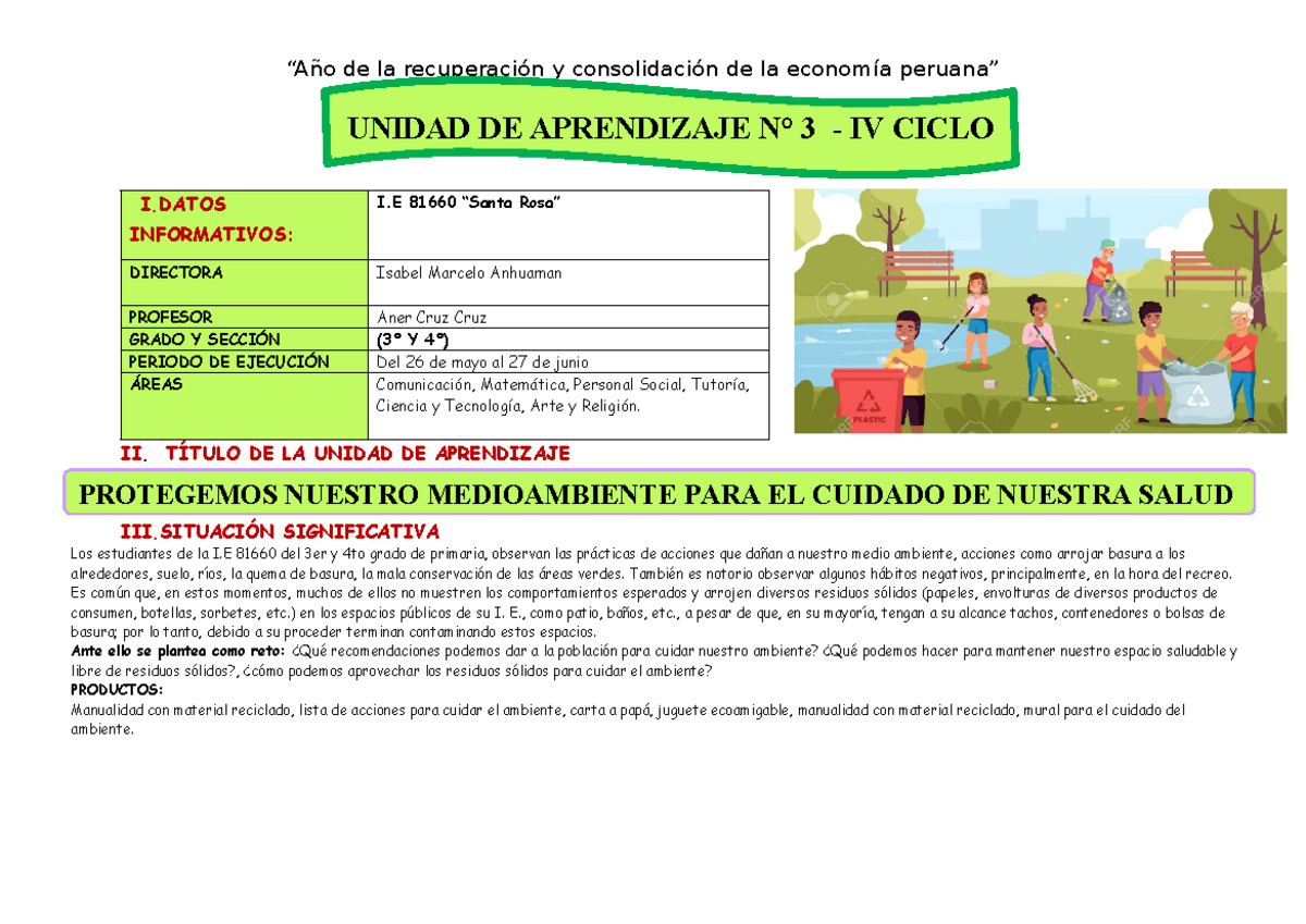 IV Unidad de Aprendizaje 3: Cuidado del Medio Ambiente y Salud - I.E ...
