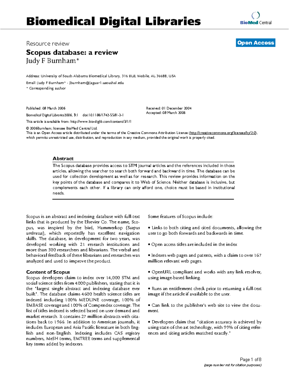 Review of Scopus Database: Insights for Biomedical Libraries (BMDL 2006 ...