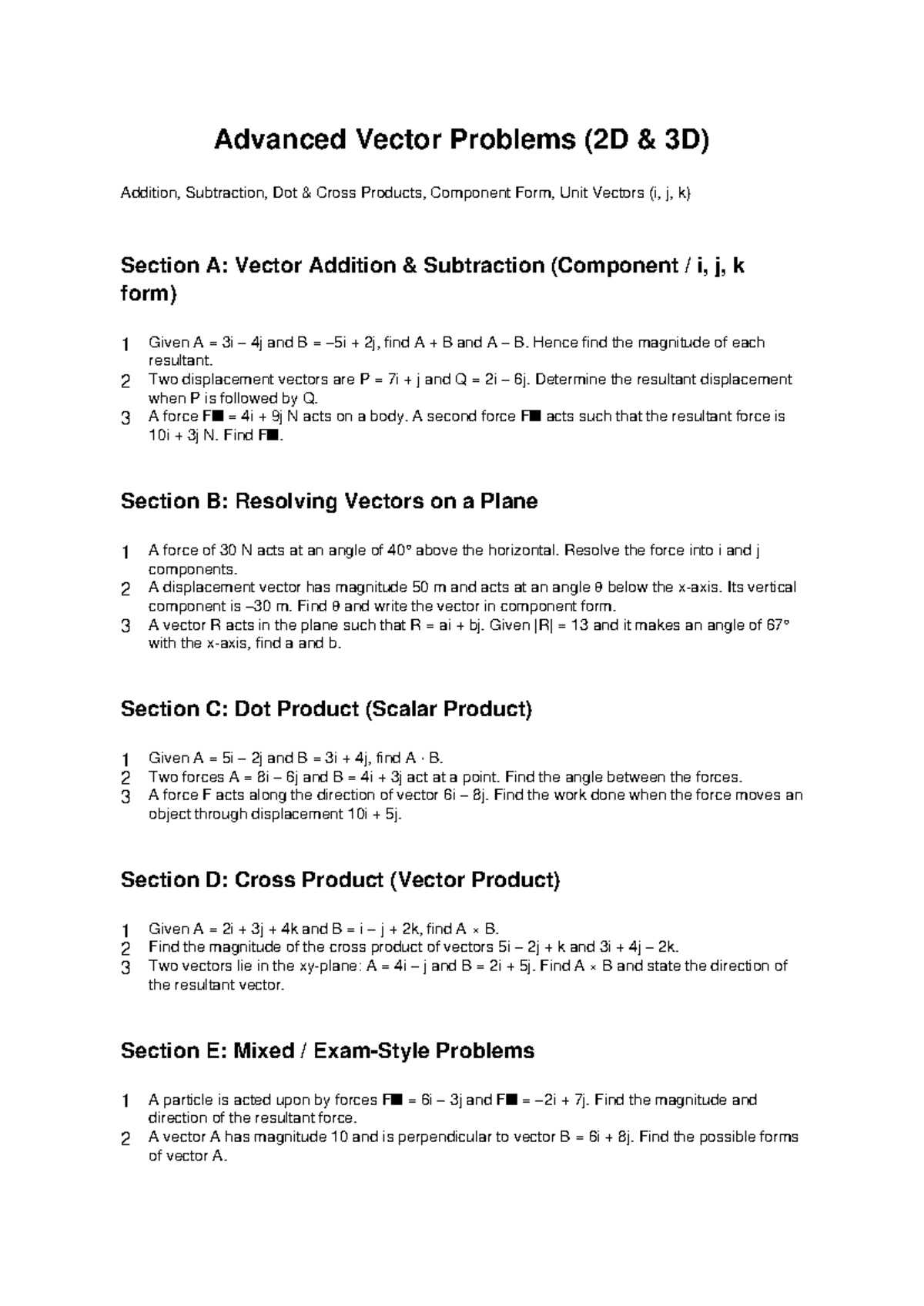Vector Problems: Addition, Subtraction, Dot & Cross Products (Unit ...