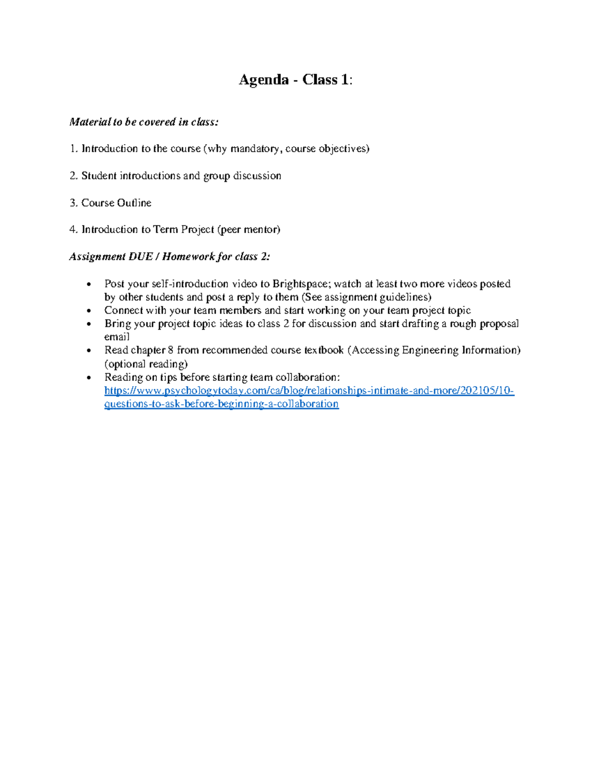 Agenda for Class 1: Course Introduction & Team Project Prep - Studocu