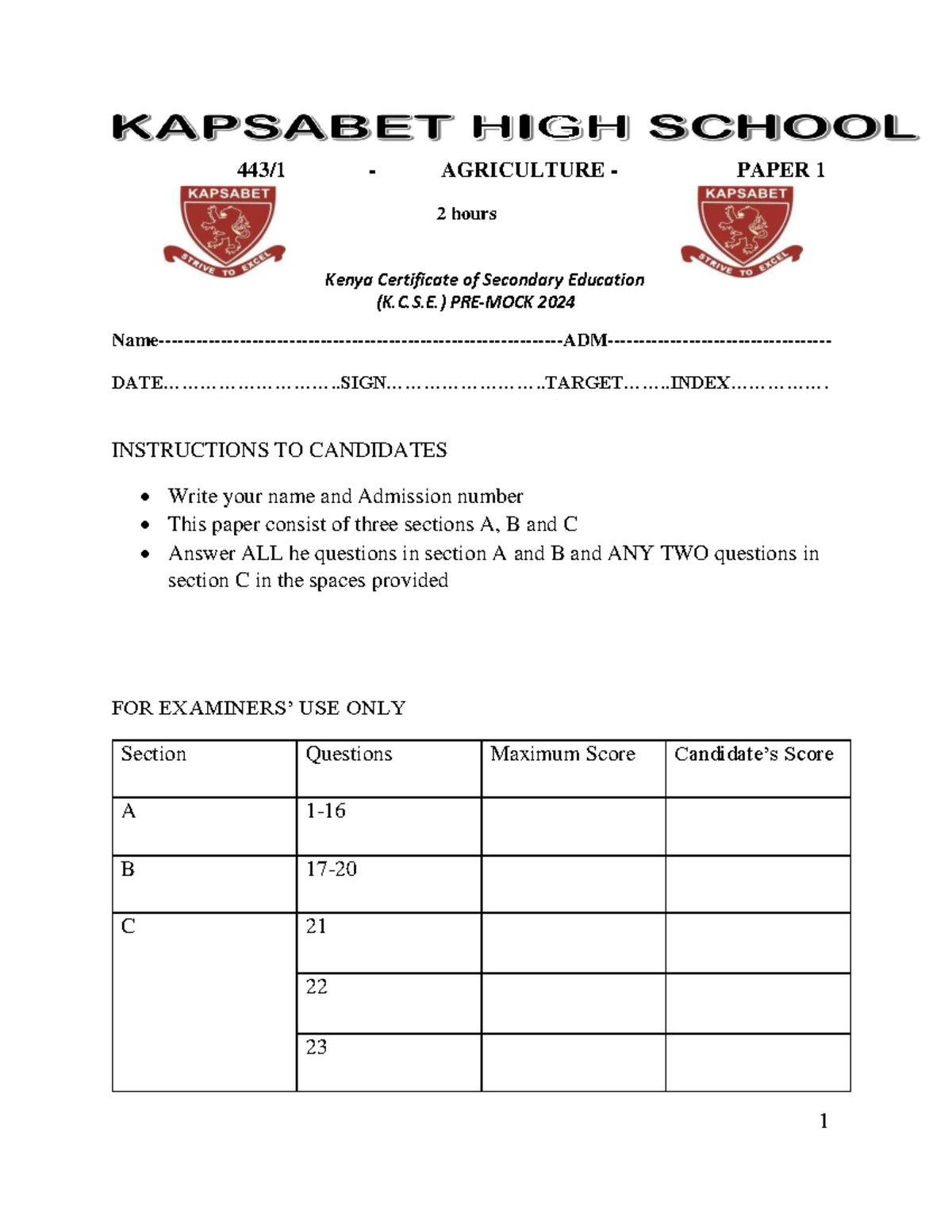 K.C.S.E. 2024 Agriculture Paper 1 - 2 Hour Exam Guide - Studocu