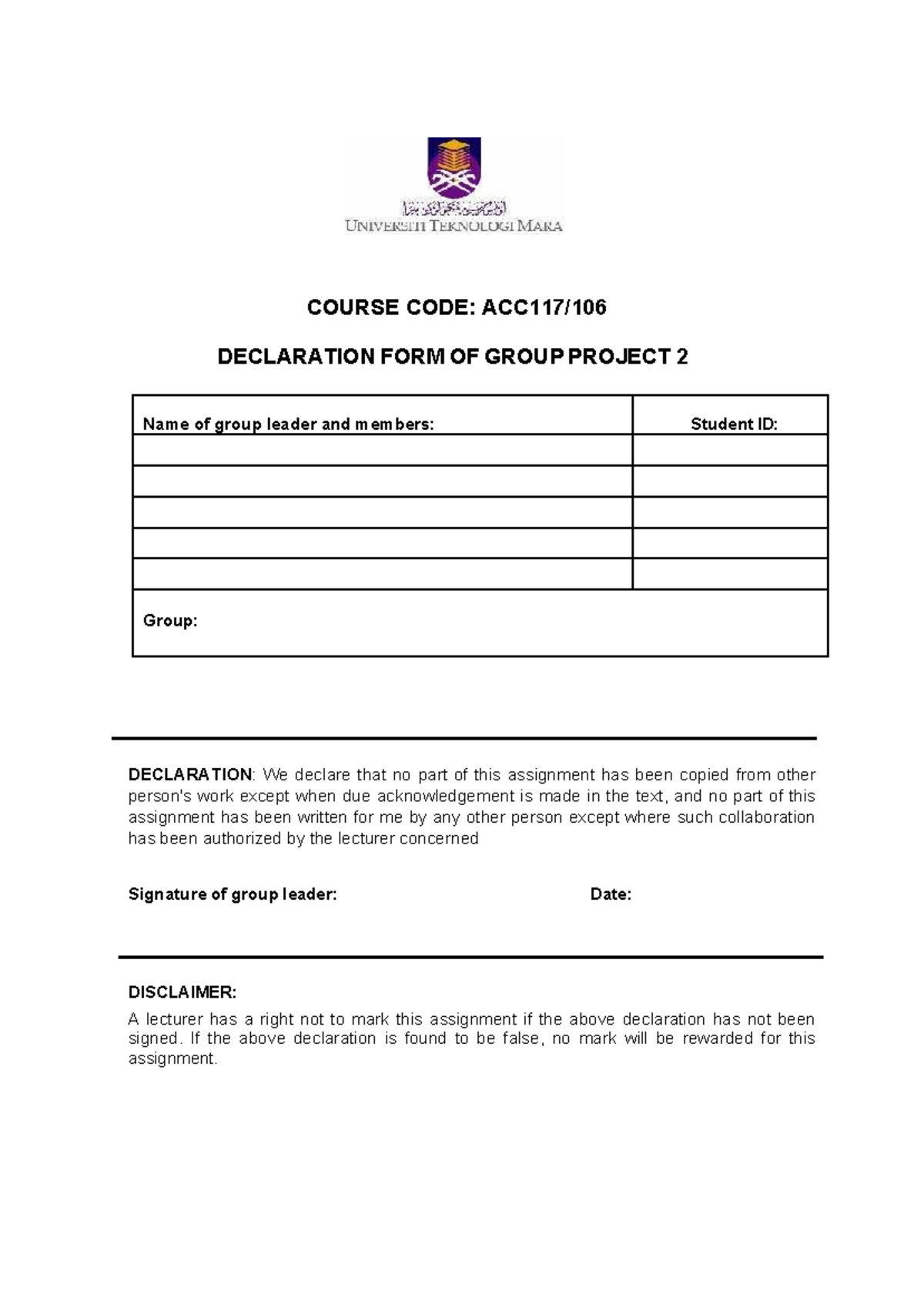 Group Assignment 2 15% - acc 117 - COURSE CODE: ACC117/ DECLARATION ...