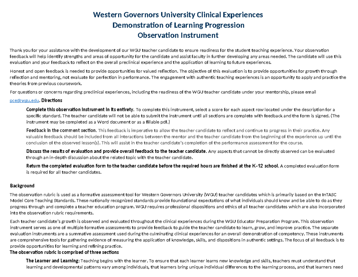 PCE Learning Progression Observation Instrument - Western Governors ...