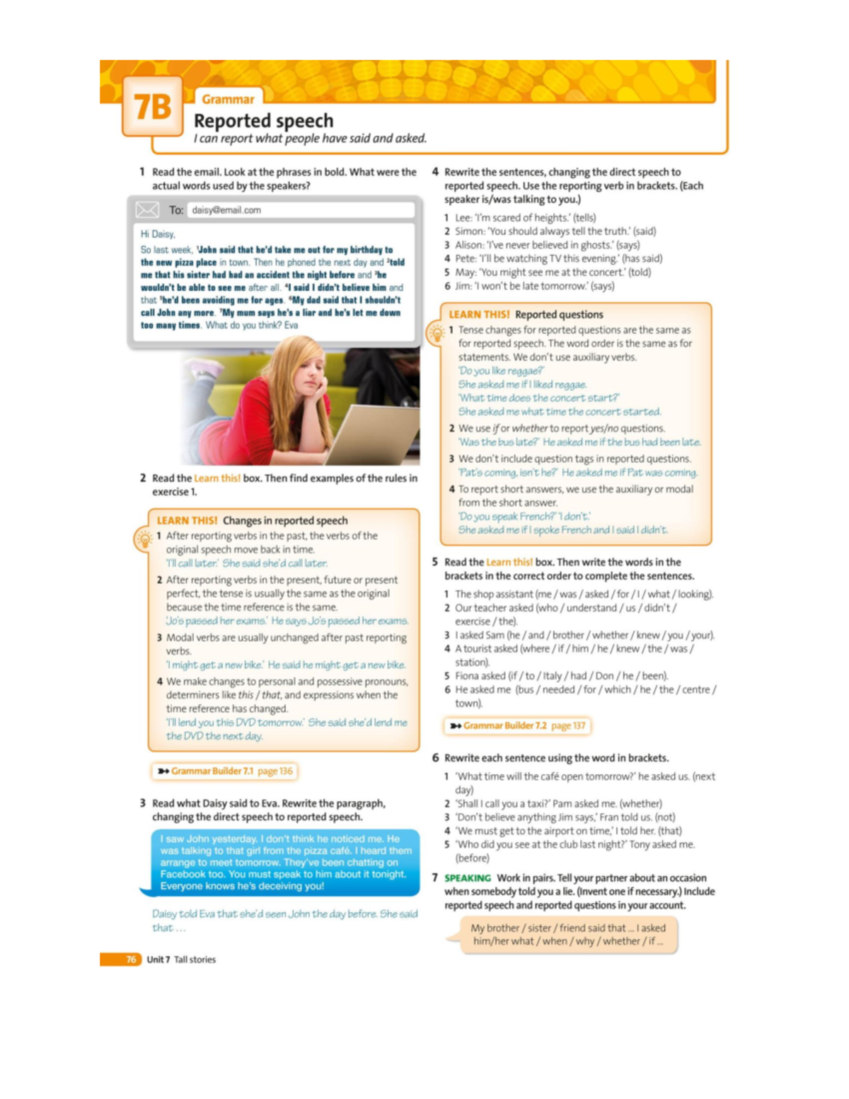 UNIT 7 - E-learning - Reported Speech and Grammar Exercises - Studocu