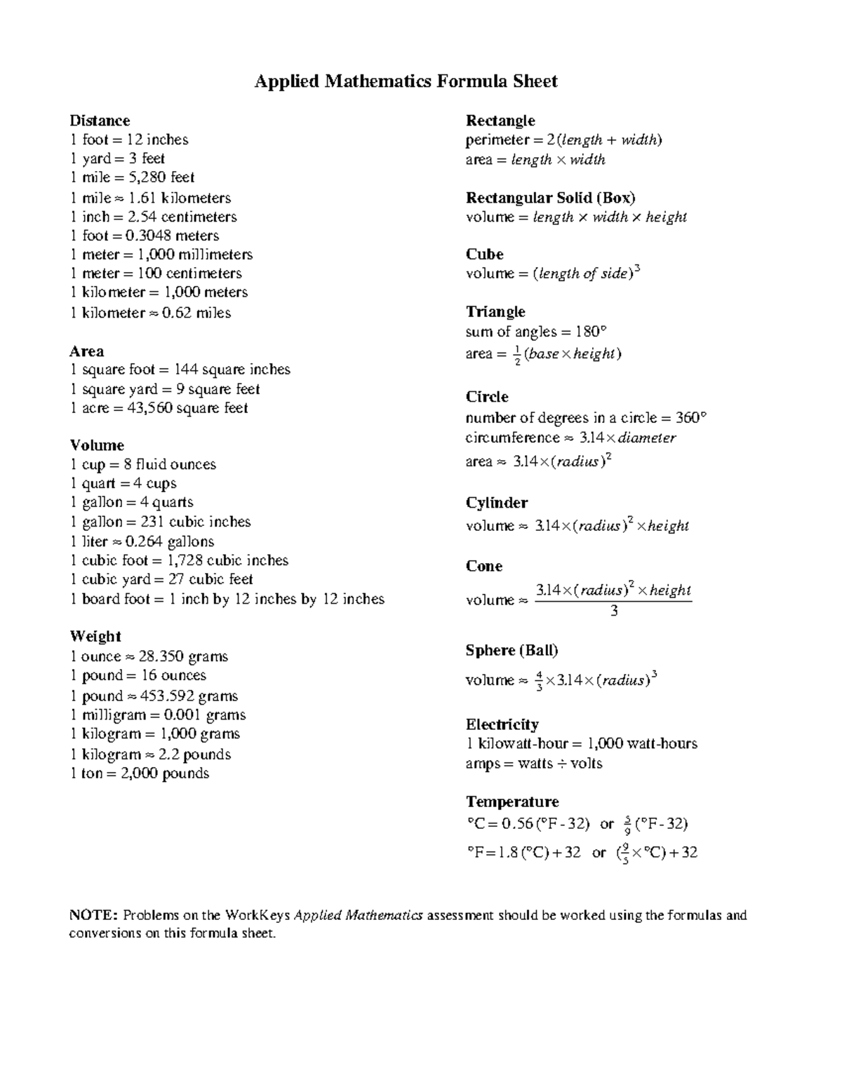ACT Math Formula Sheet: Essential Conversions & Key Concepts - Studocu