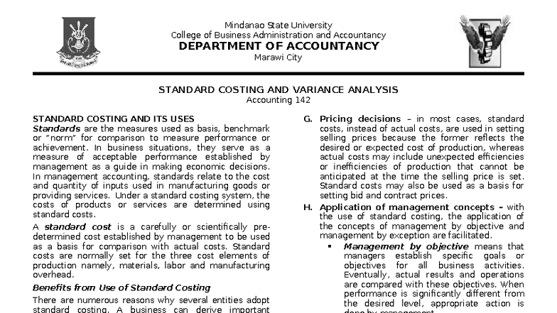 Accounting 142: Standard Costing & Variance Analysis Notes - Studocu