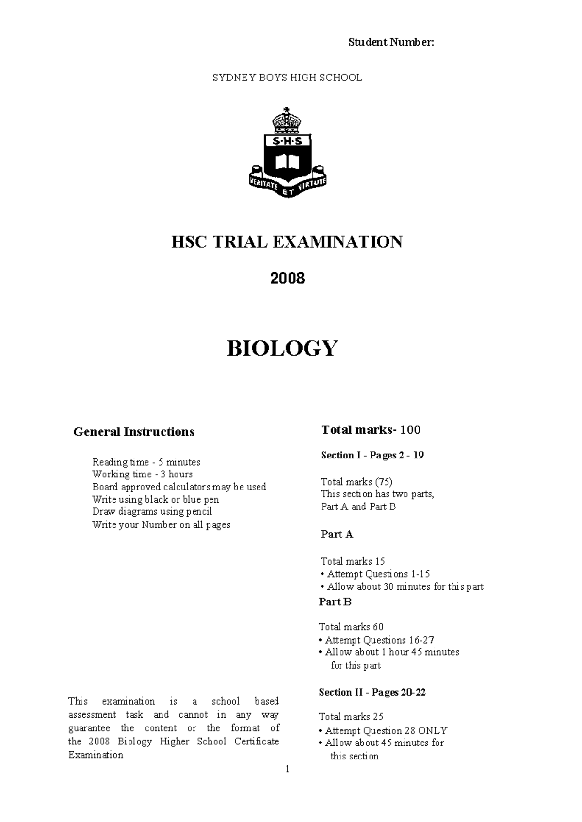 Sydney Boys High School HSC Trial Exam 2008 Biology Solutions - Studocu
