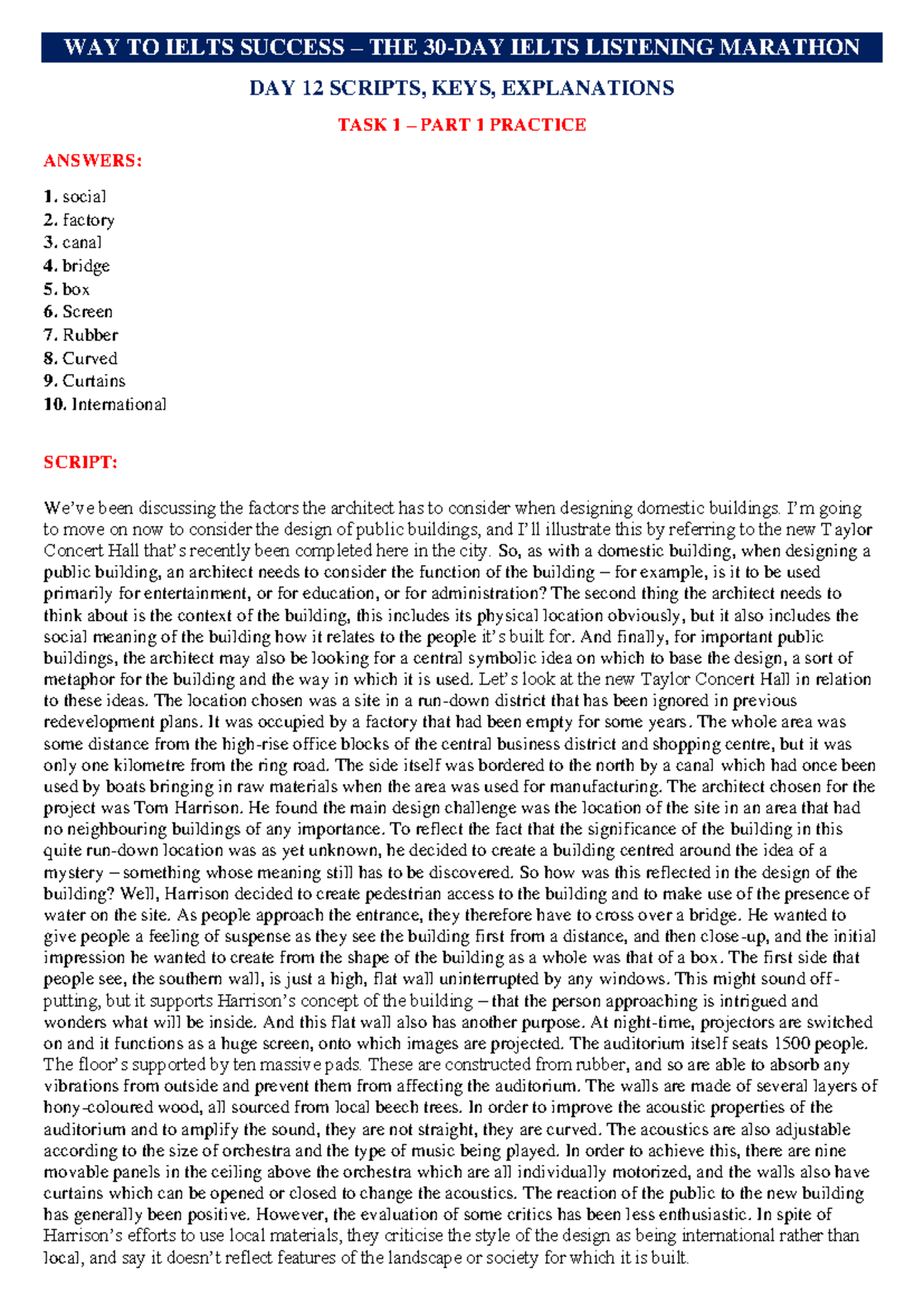 DAY 12: IELTS Listening Marathon Scripts, Answers & Explanations - Studocu