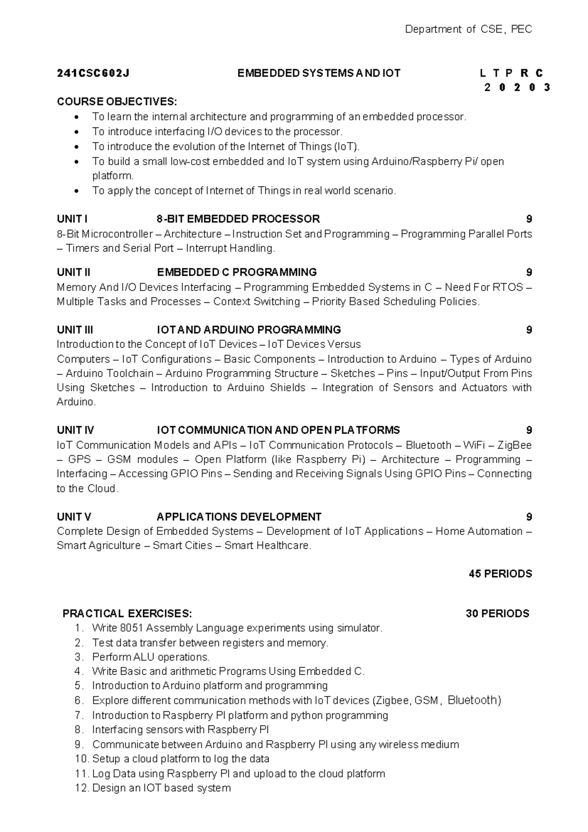 CSE 241CSC602J Embedded Systems & IoT - Syllabus Overview - Studocu