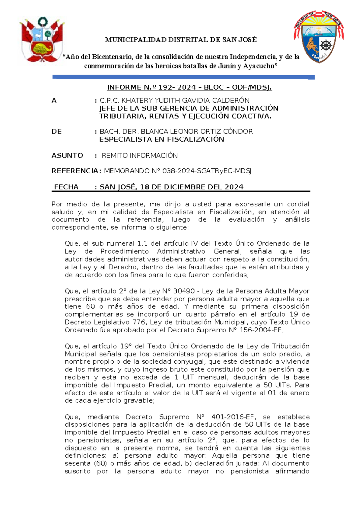 Informe N 192 - MUNICIPALIDAD DISTRITAL DE SAN JOSÉ “Año del ...