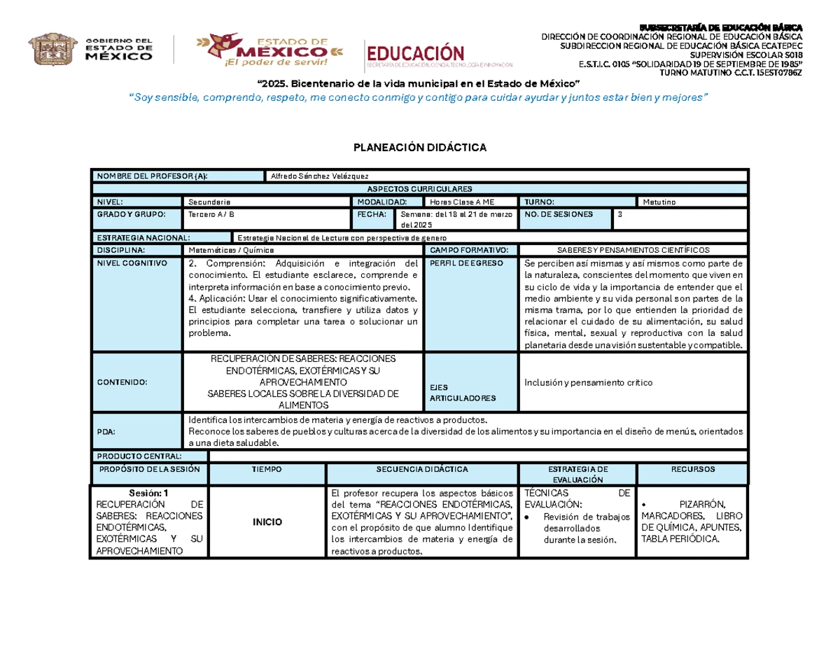 Planificación Semanal Matutino 2024-2025 Química 3A y 3B (24-28 Mar ...