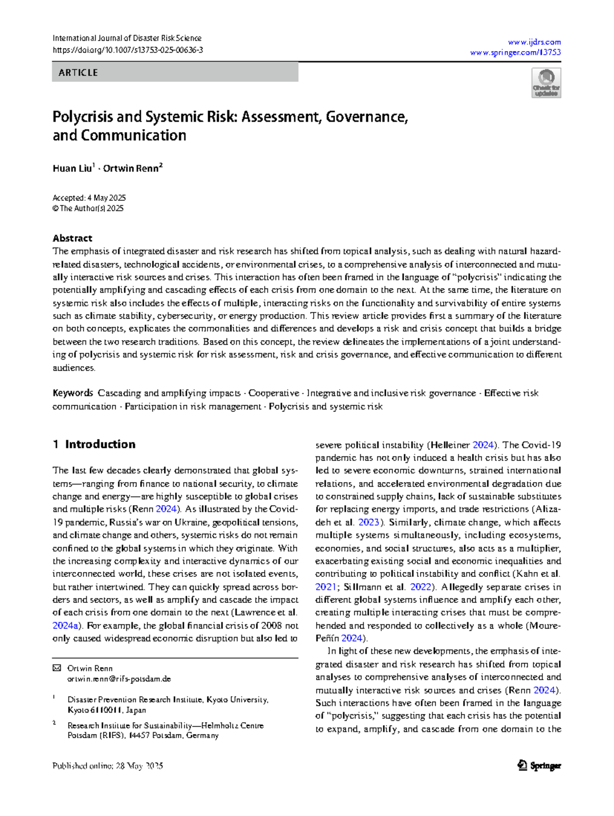 International Journal of Disaster Risk Science: Polycrisis & Systemic ...