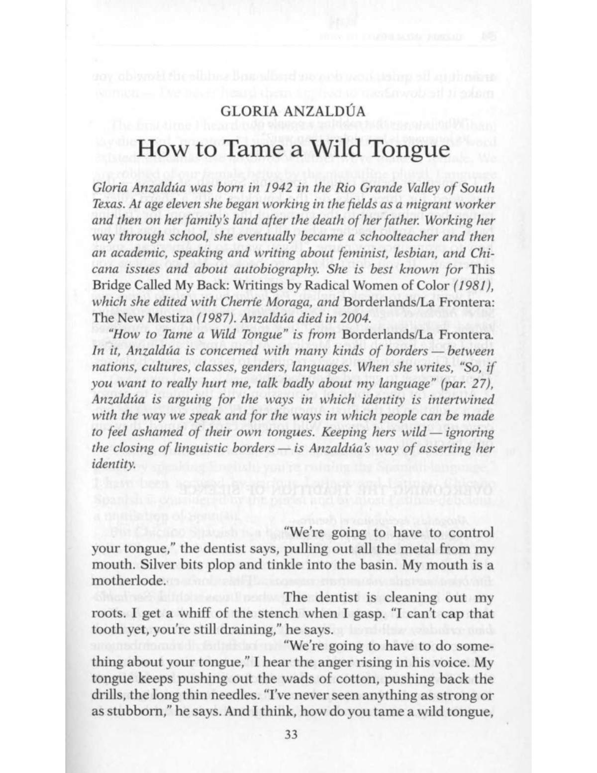 GLS 101: How to Tame a Wild Tongue - Gloria Anzaldúa Analysis - Studocu