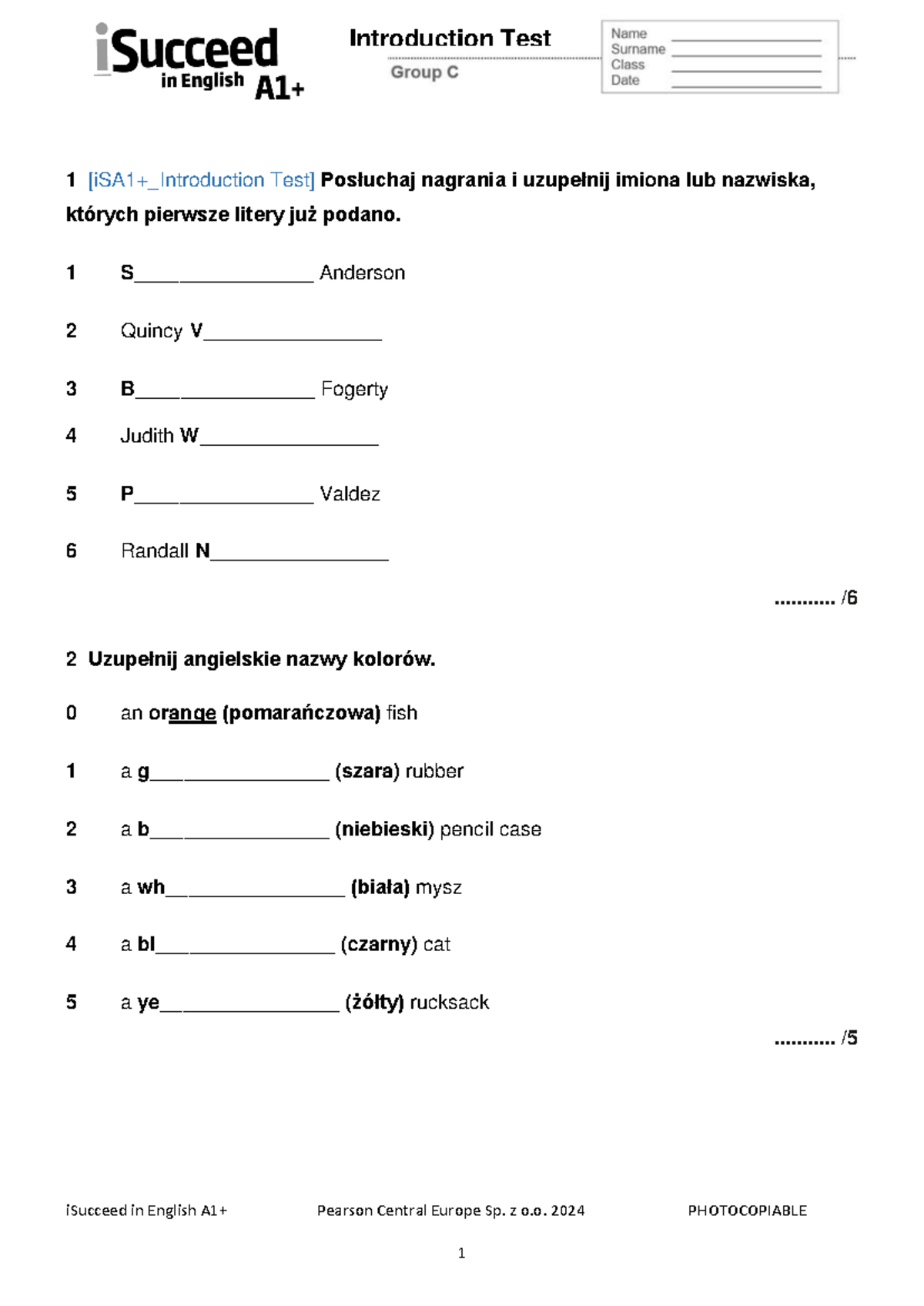 I Succeed A1+ Unit 0 Introduction Test - Group C - Studocu