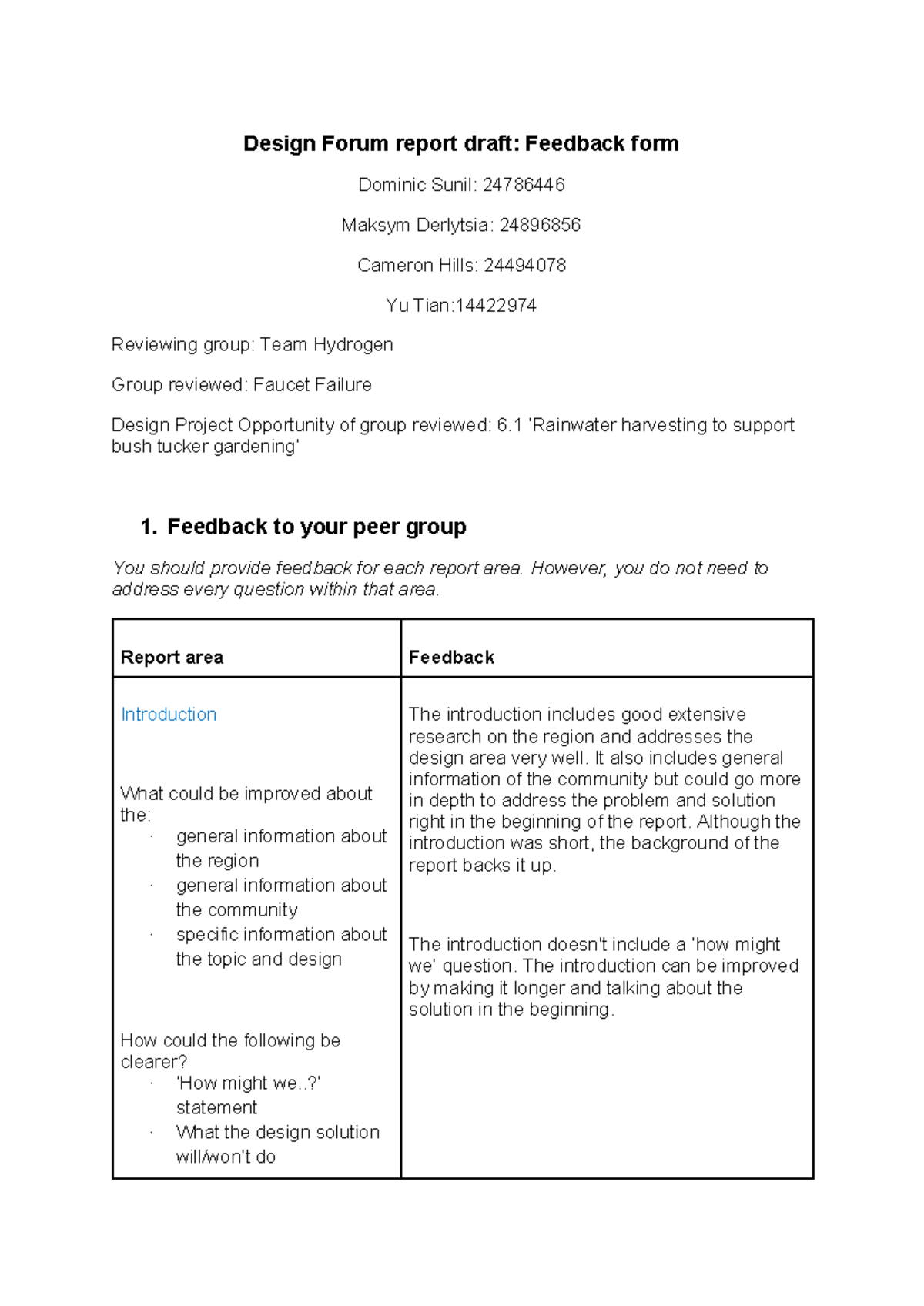 Design Forum report draft Feedback form - Design Forum report draft ...