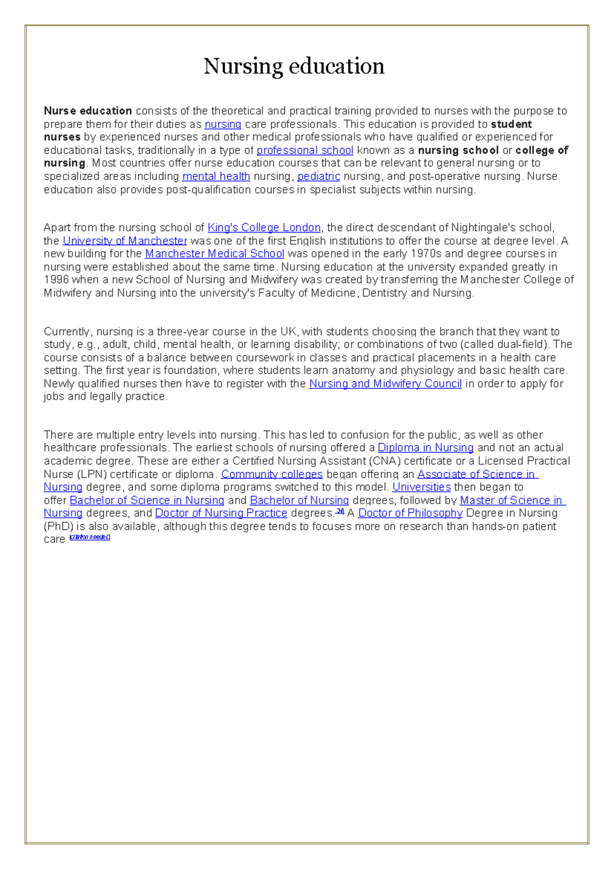NUR 101: Overview of Nursing Education and Training Programs - Studocu