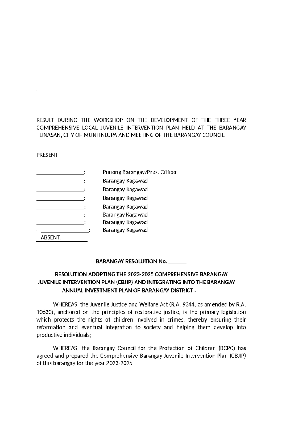 Barangay Resolution: Adoption of Comprehensive Juvenile Intervention ...