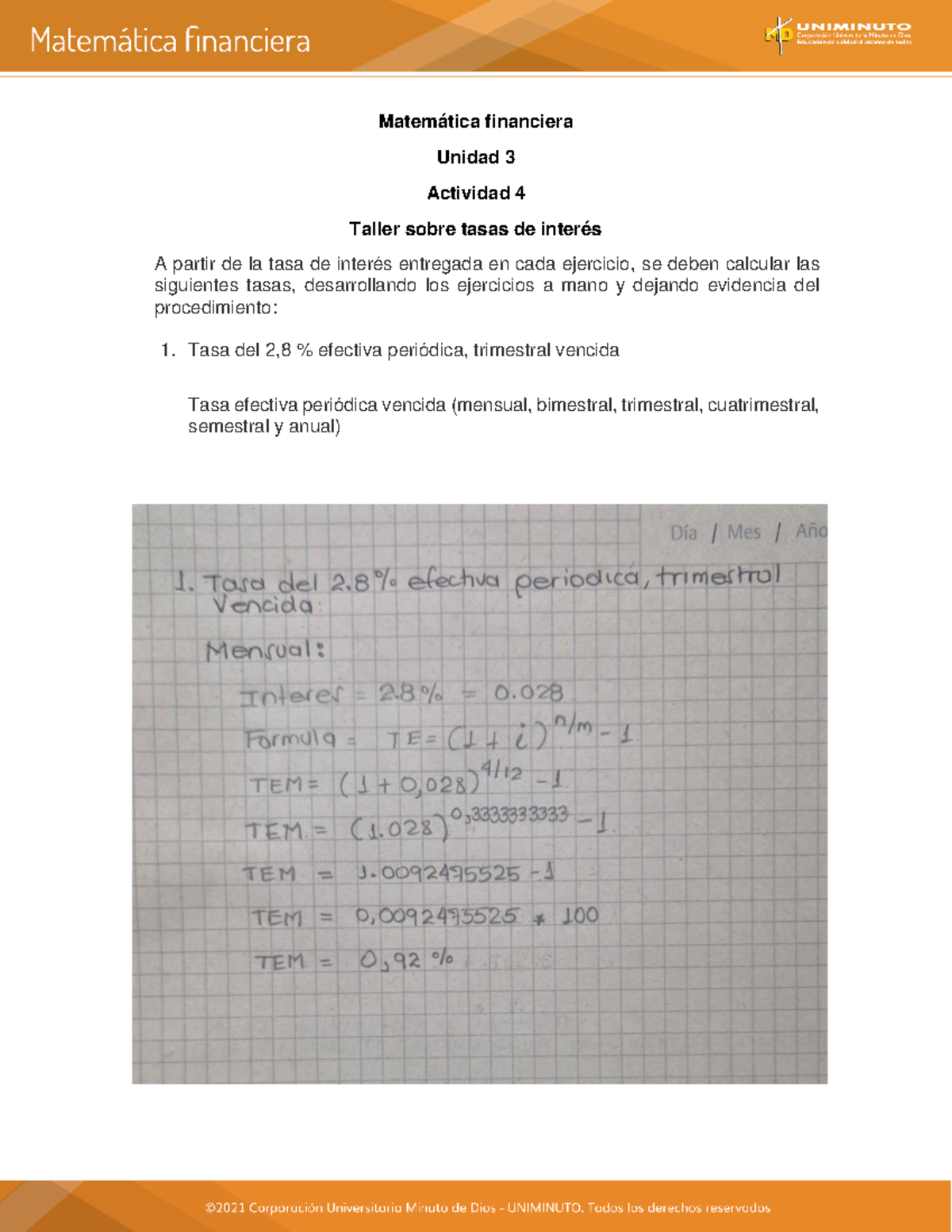 Taller de Tasas de Interés - Matemática Financiera (Unidad 3) - Studocu
