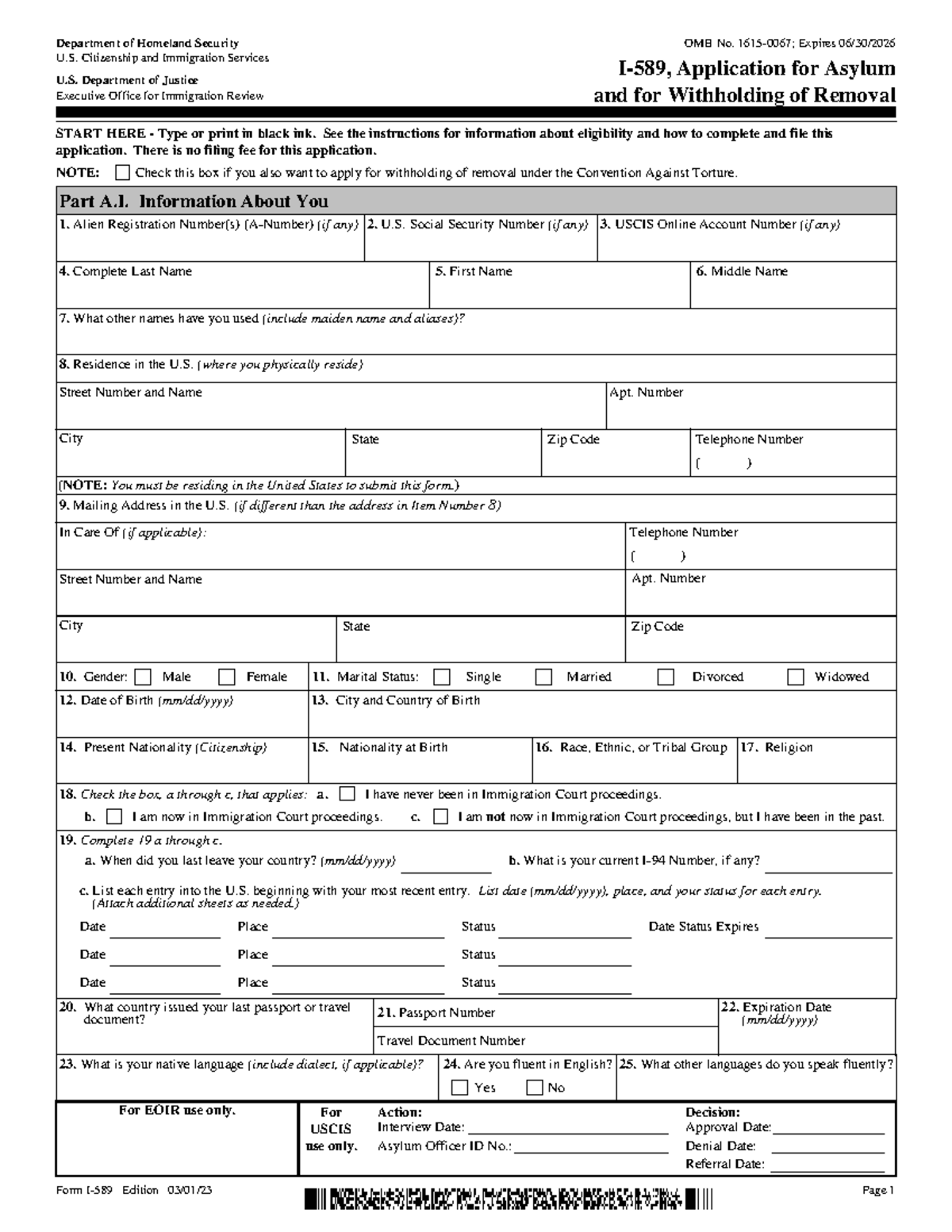 I-589 - Application for Asylum and Withholding of Removal - Studocu