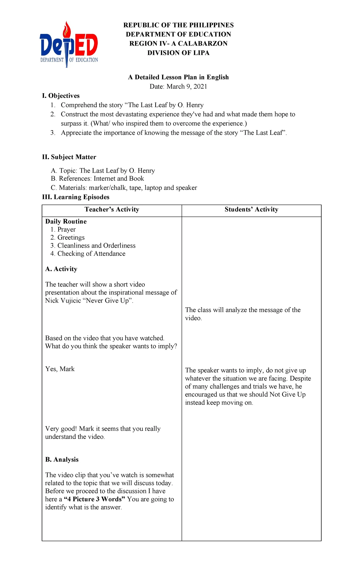 Semi-Detailed Lesson Plan: Personal Development (PD11/12EI) - Studocu