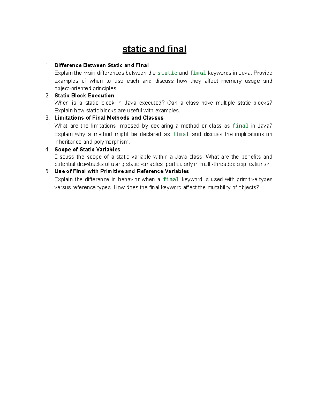 Java Static vs Final: Key Differences, Uses, and Limitations - Studocu