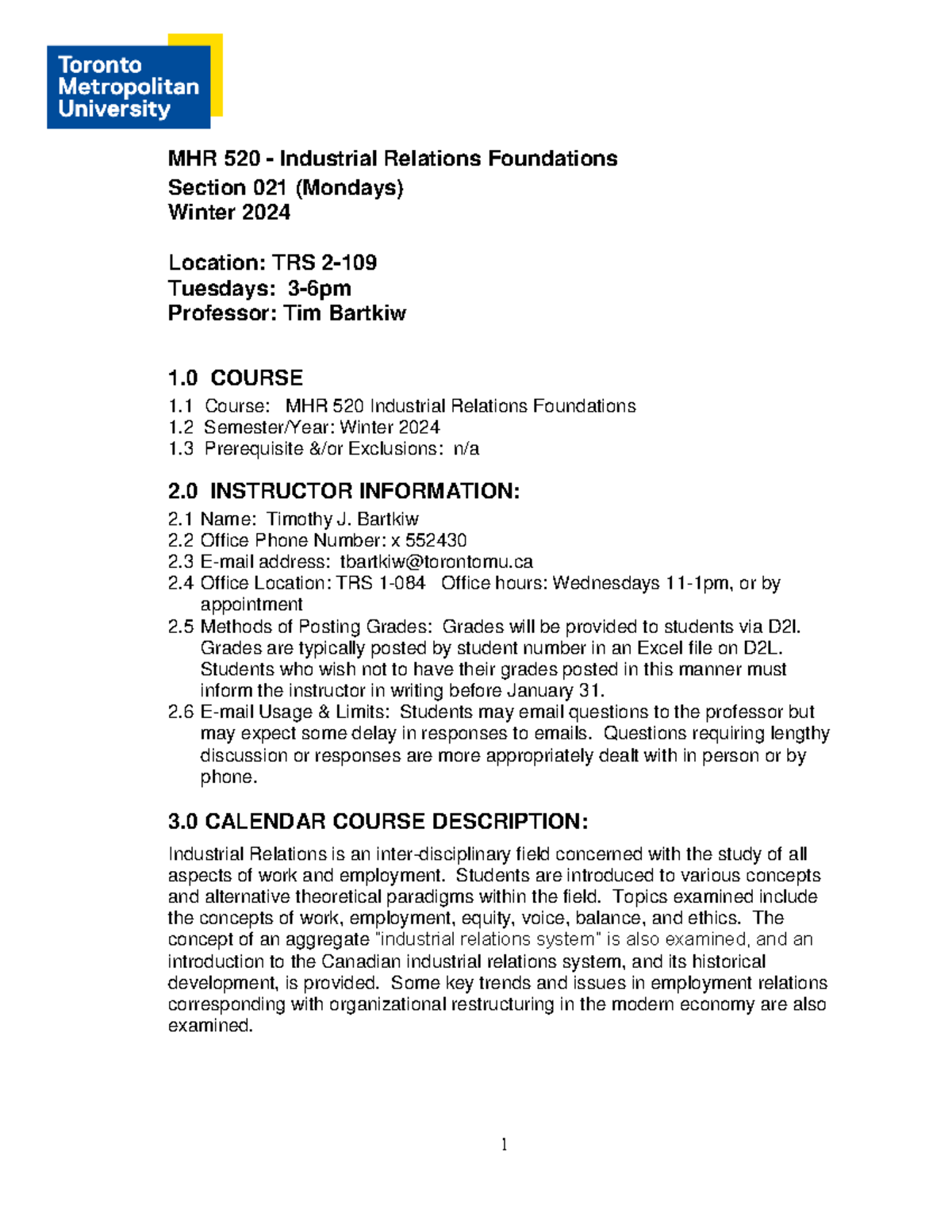 MHR 520 Winter 2024 Course Outline - Industrial Relations Foundations ...