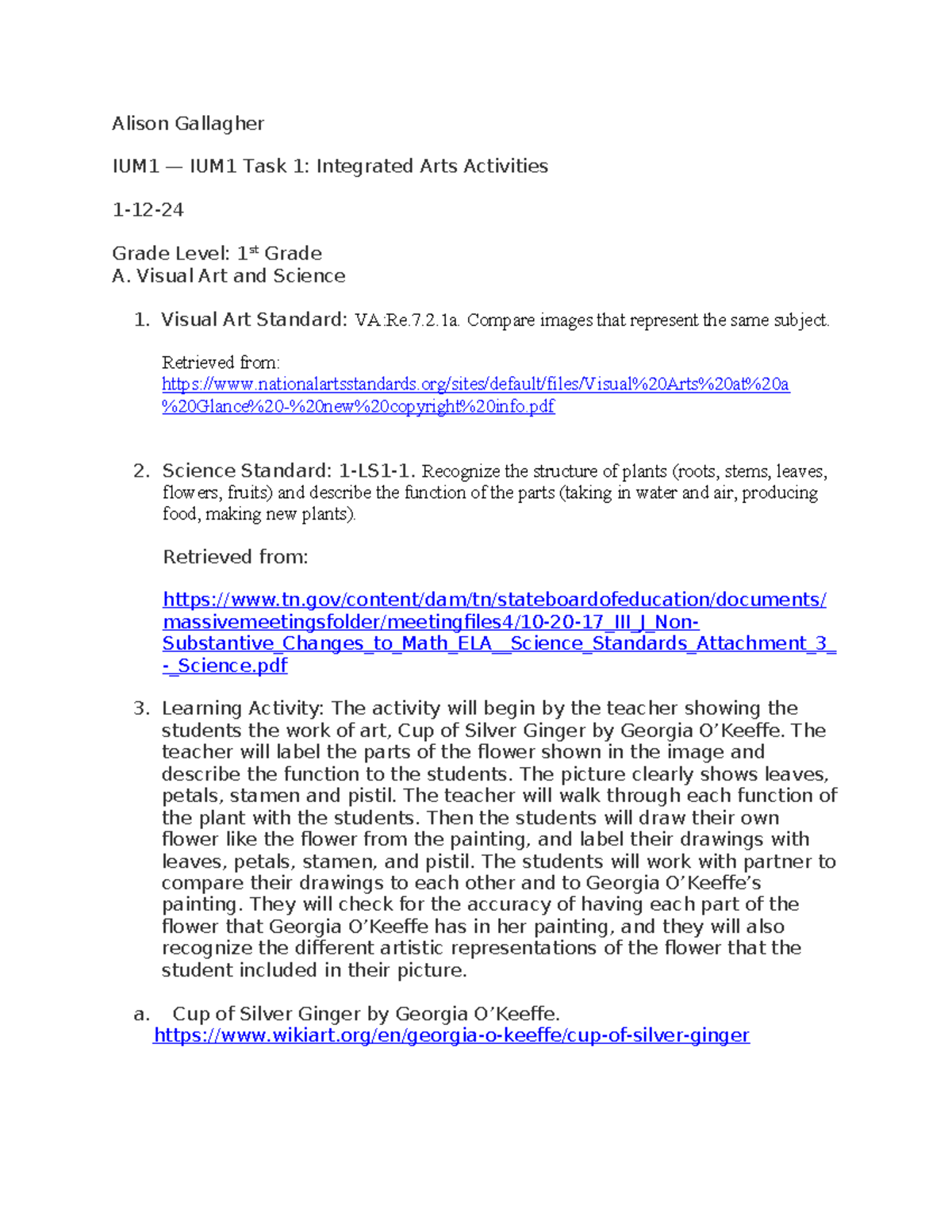 IUM1 — Task 1: Integrated Arts Activities for 1st Grade Students - Studocu