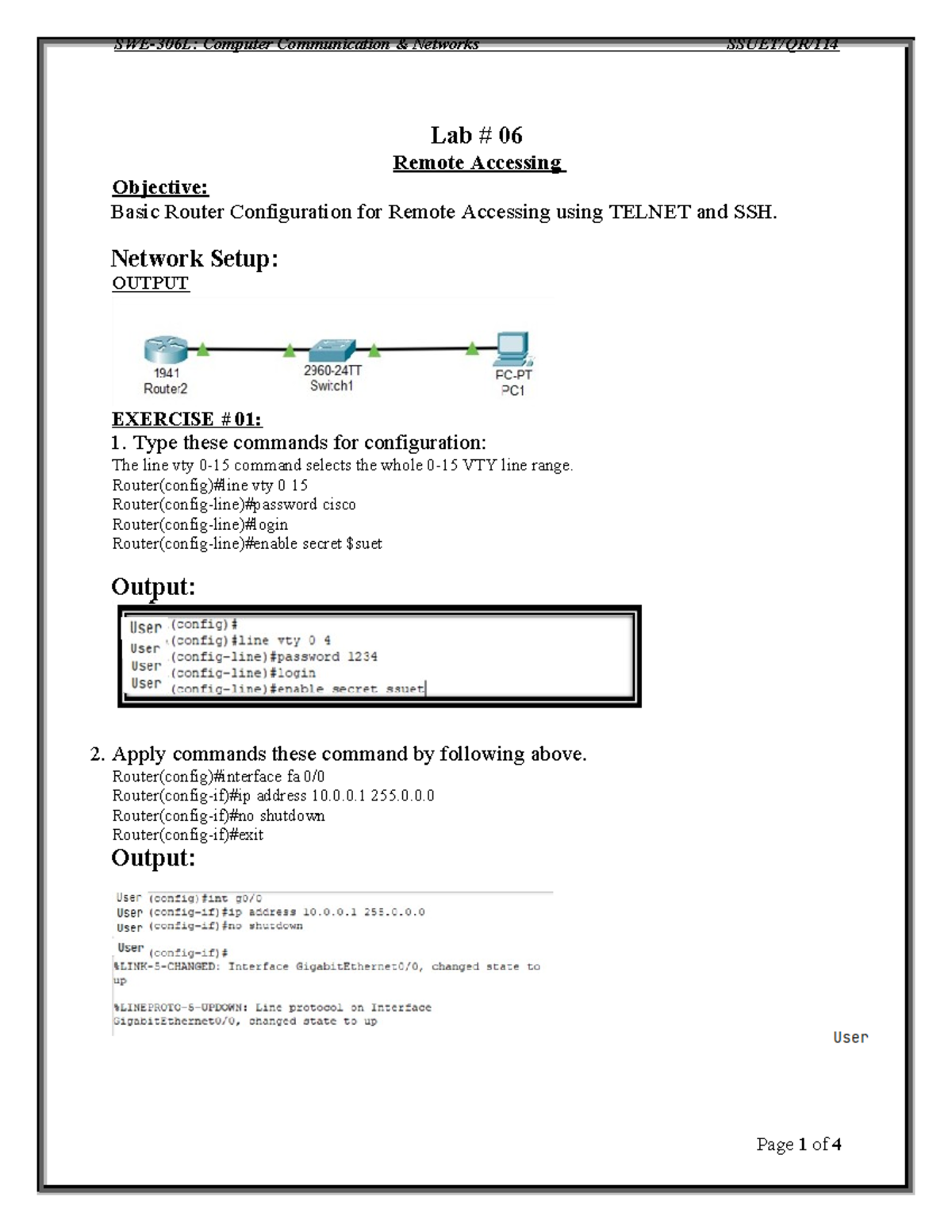 SWE-306L Lab #06: Configuring Remote Access with Telnet & SSH - Studocu