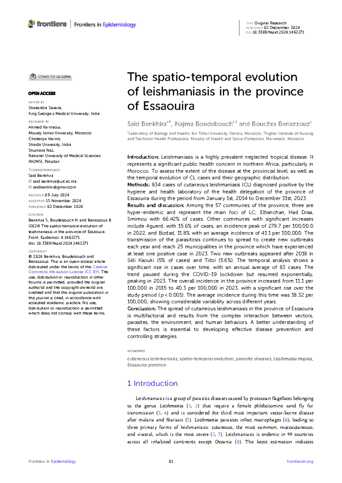 The Spatio-Temporal Evolution of Leishmaniasis in Essaouira (2024 ...