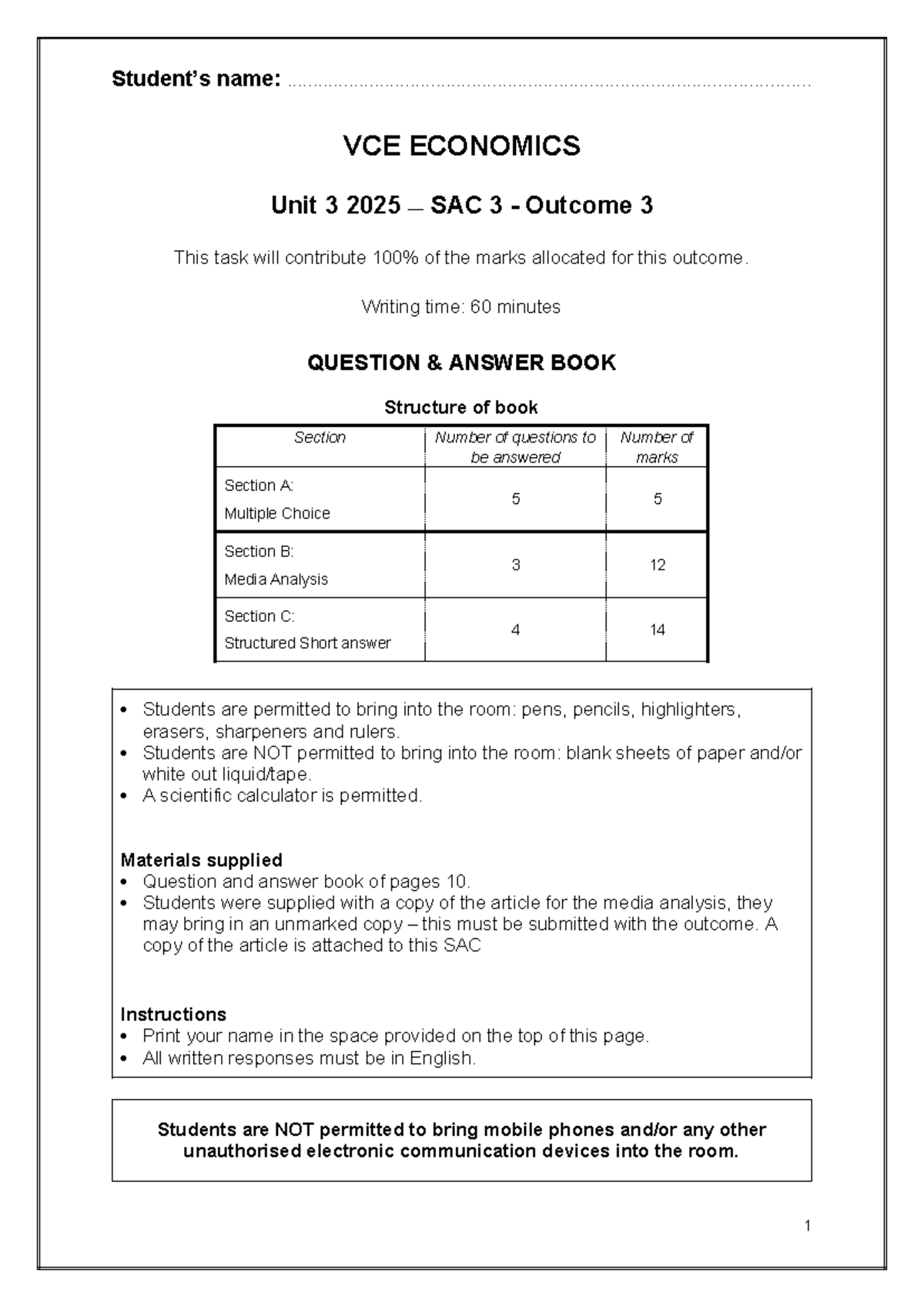 Economics VCE Unit 3 2025 SAC 3 Practice Exam Guide - Studocu