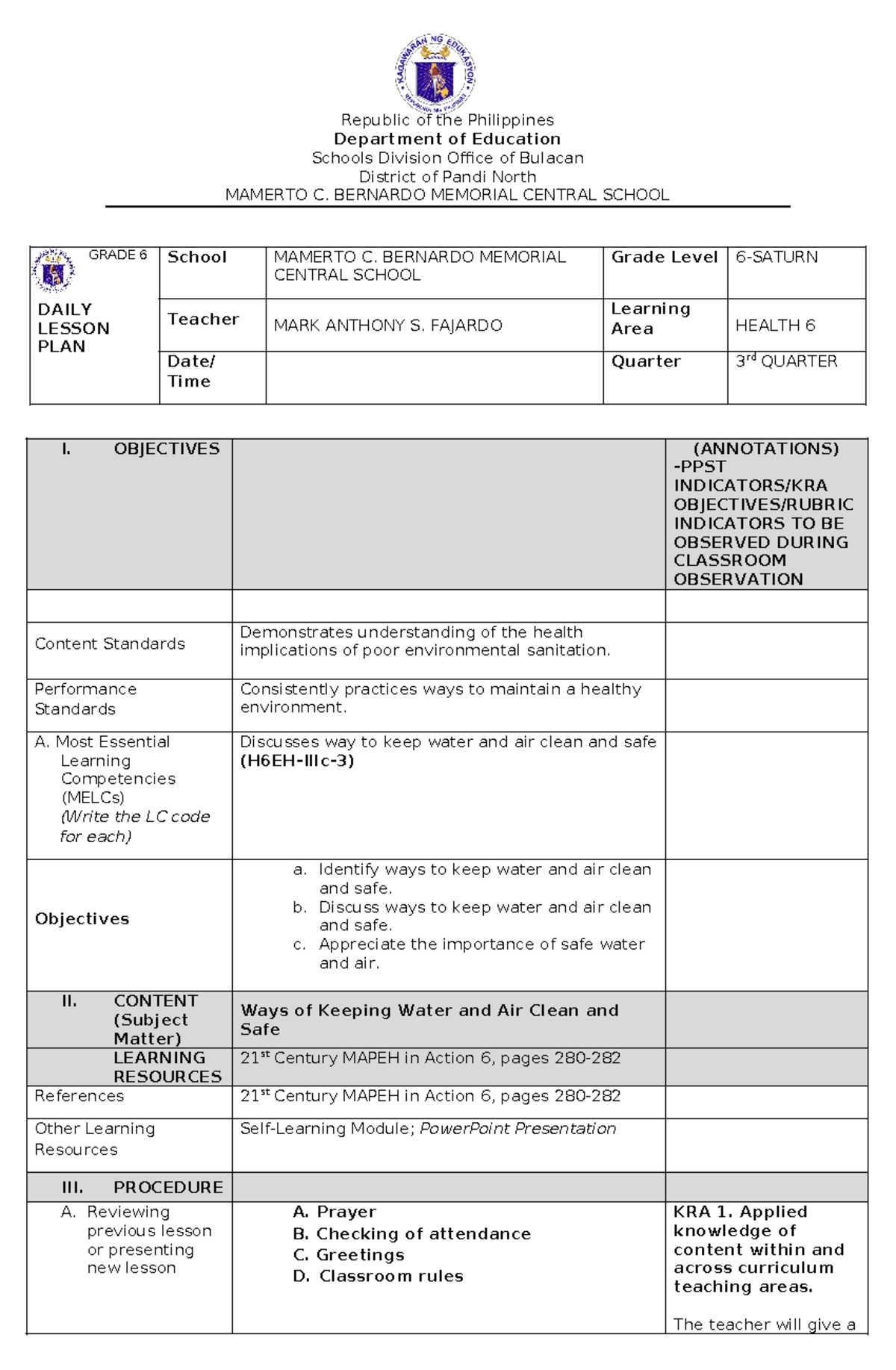 DLP- Health 6 Daily Lesson Plan for 3rd Quarter - Clean Air & Water ...