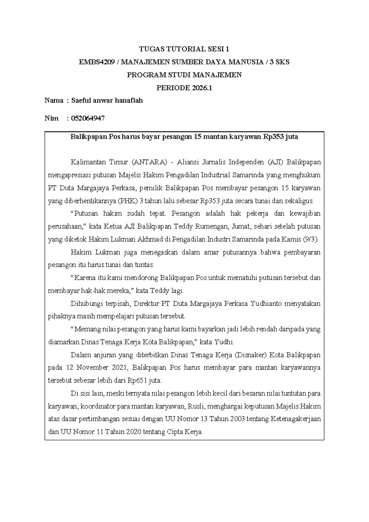 TUGAS TUTORIAL 1 EMBS4209 MANAJEMEN SUMBER DAYA MANUSIA - Studocu
