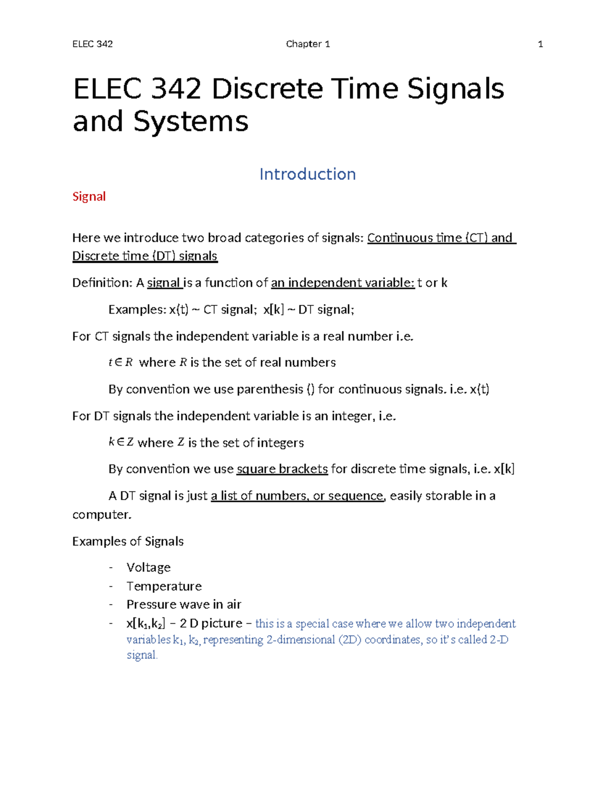 ELEC 342 Chapter 1: Discrete Time Signals and Systems Overview - Studocu