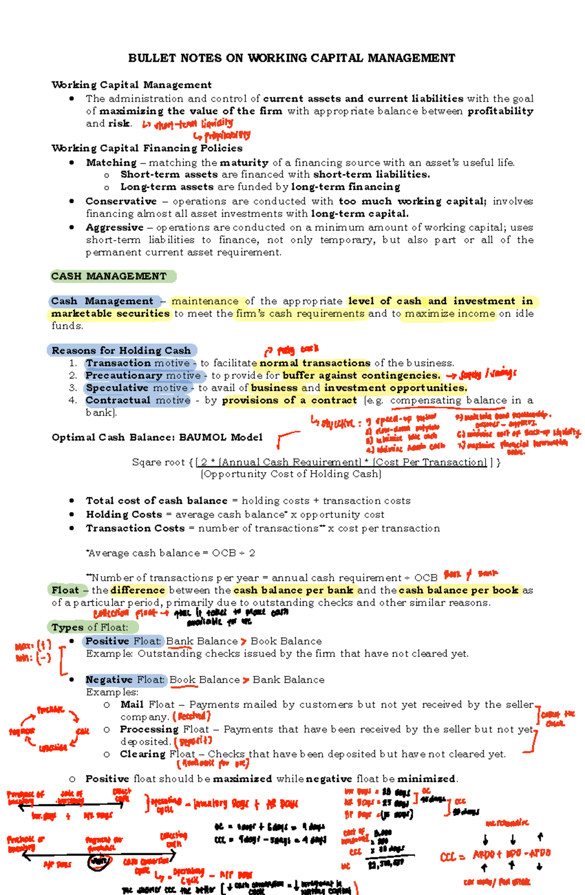 CASH, AR, INV - Bullet Notes on Working Capital Management - Studocu