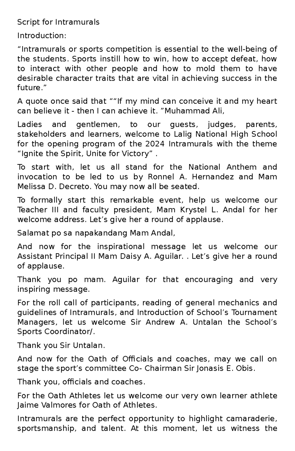 Script for Intramurals 2024: Ignite the Spirit, Unite for Victory - Studocu